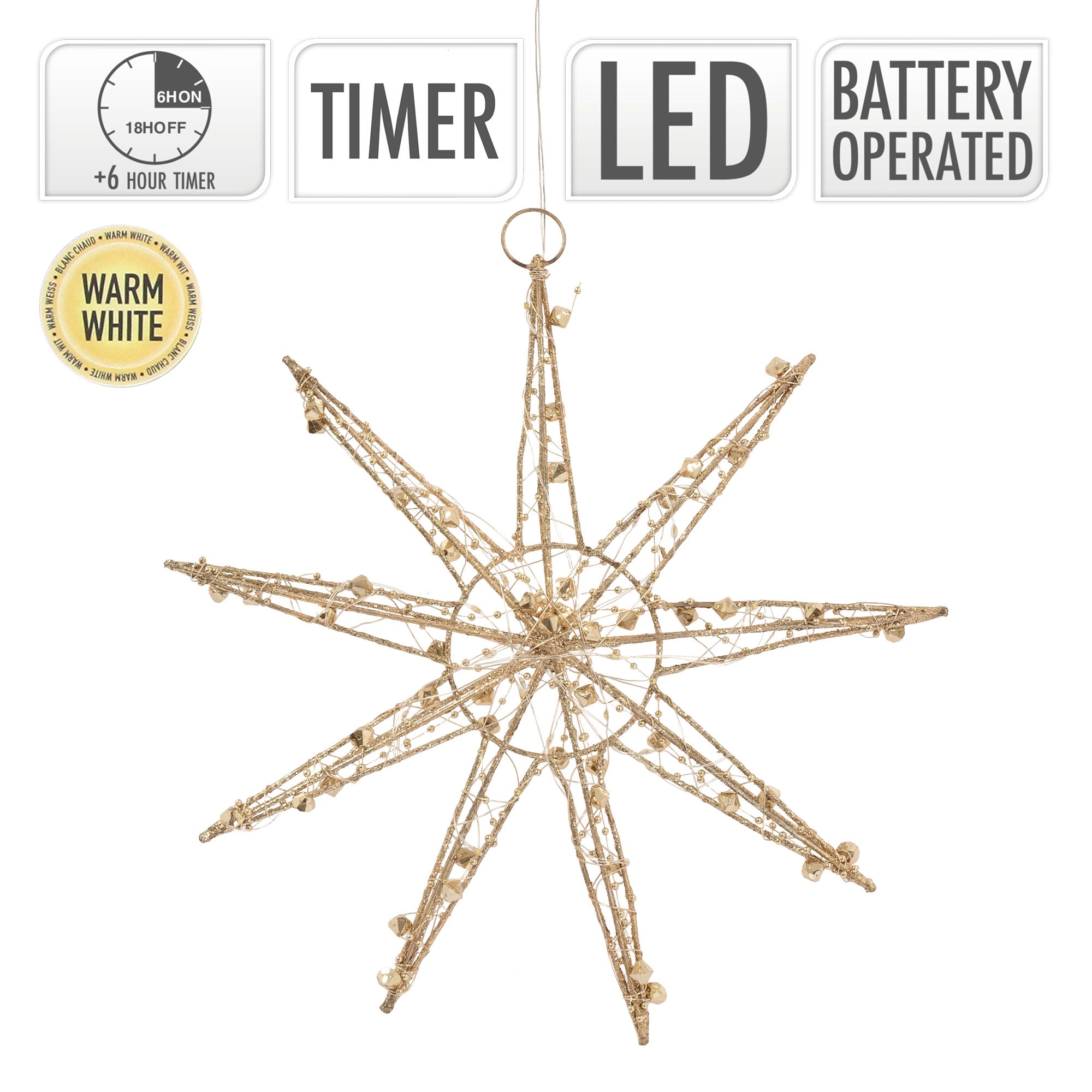 ECD Germany Étoile de Noël LED 30 cm doré métal blanc chaud piles