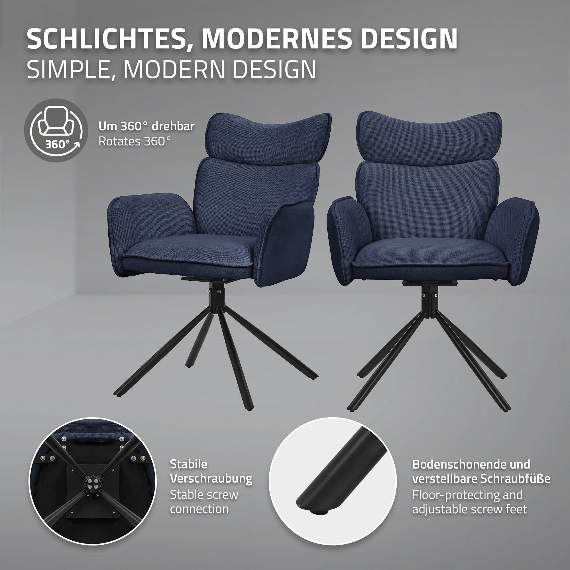 ECD Germany Möbel lot 6 chaises pivotantes bleu foncé tissu