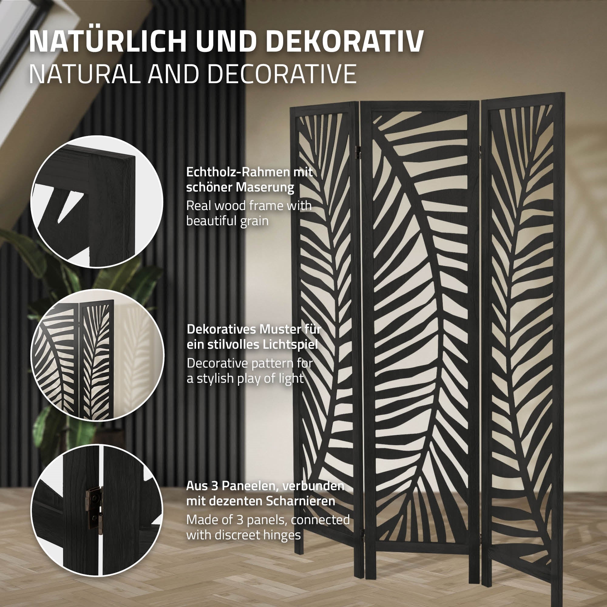 ECD Germany Fukuoka paravent 3 panneaux noir 170x121 cm bois
