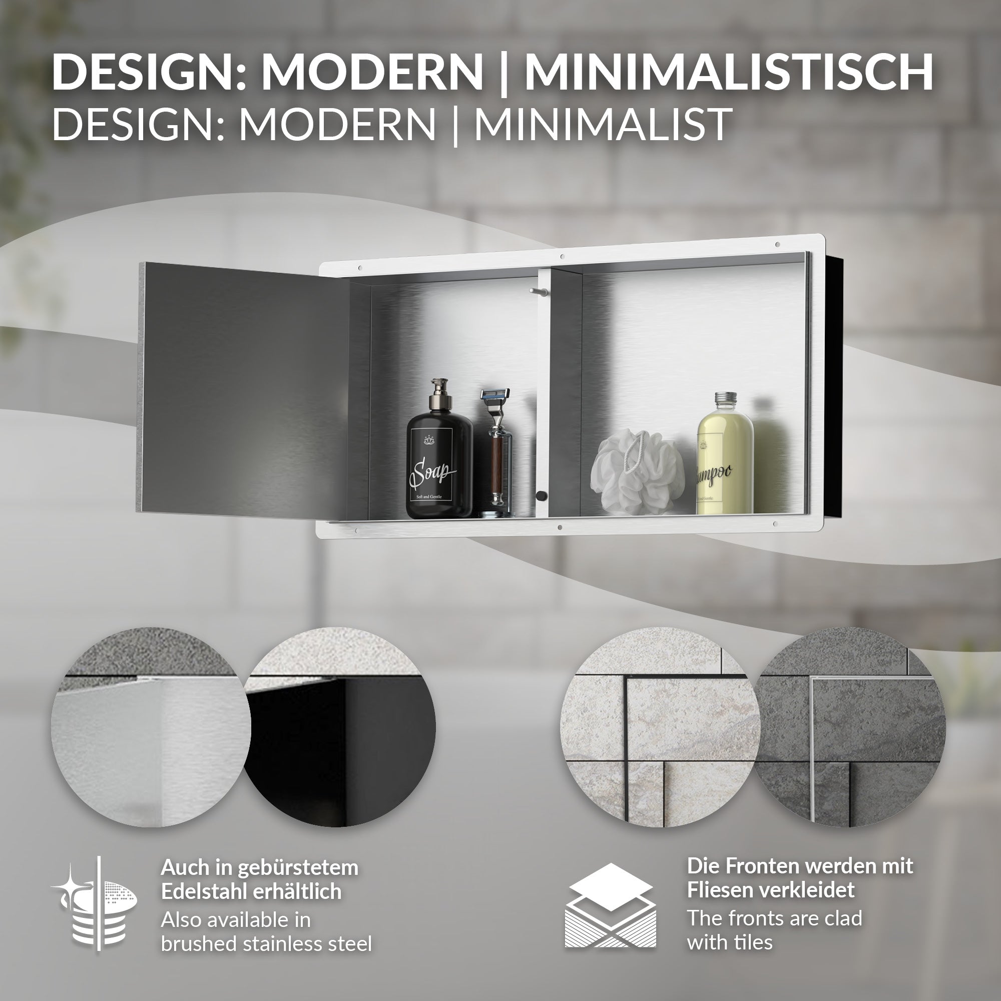 ECD Germany Sanitär niche douche inox 60x30x10 argent porte