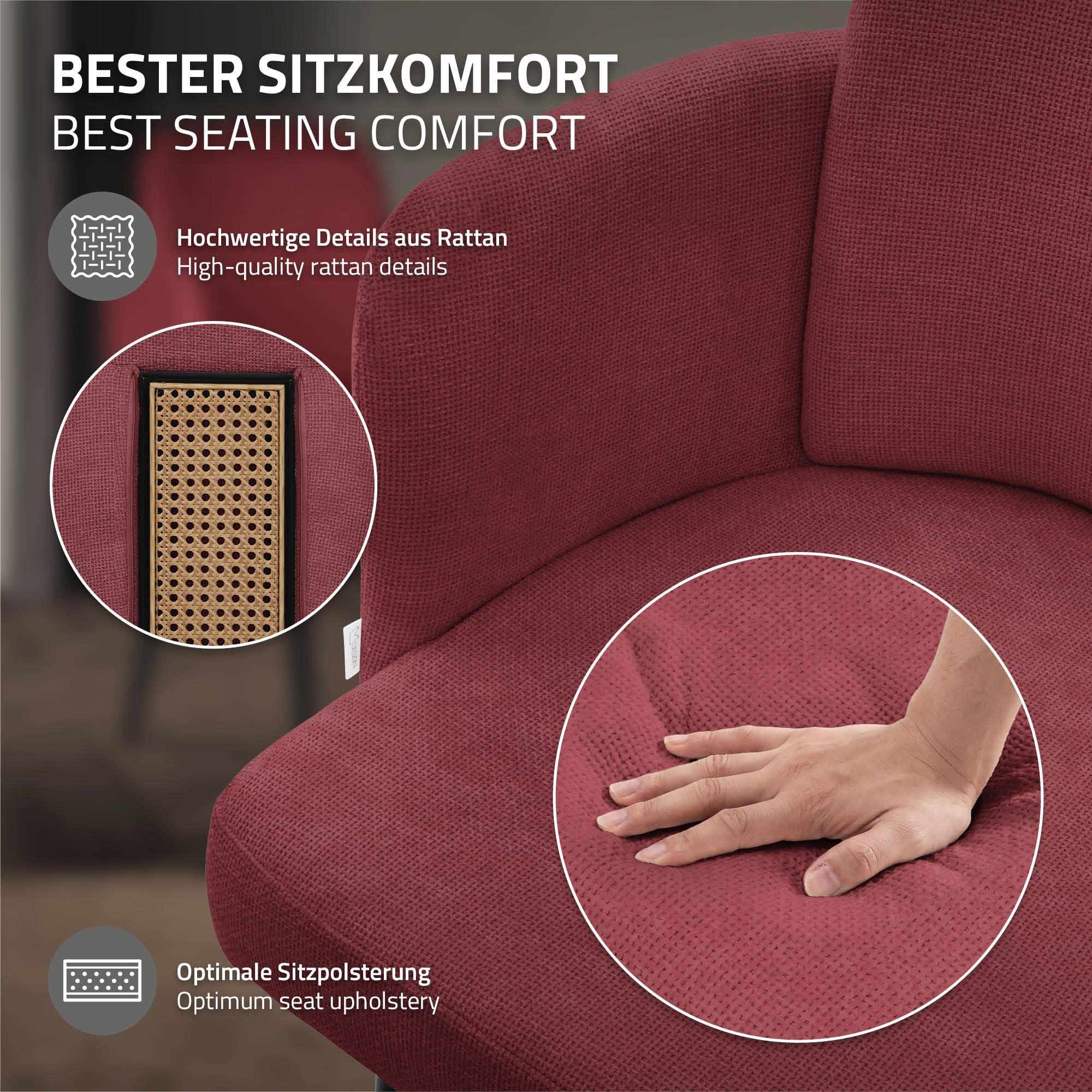 ECD Germany chaise salle à manger rouge accoudoirs pieds métal