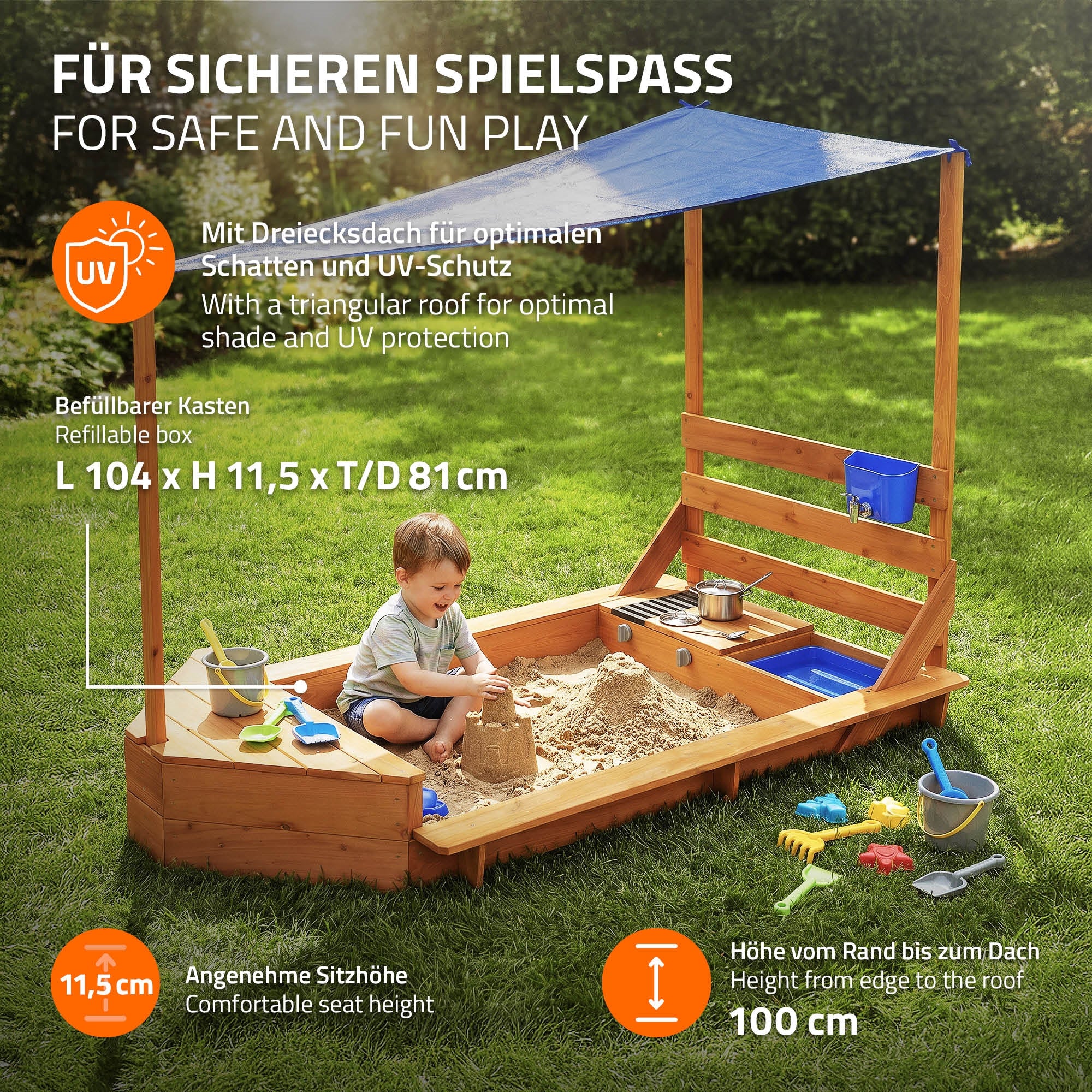 ECD Germany Kinder bac à sable bateau 101x163 bois toit cuisine