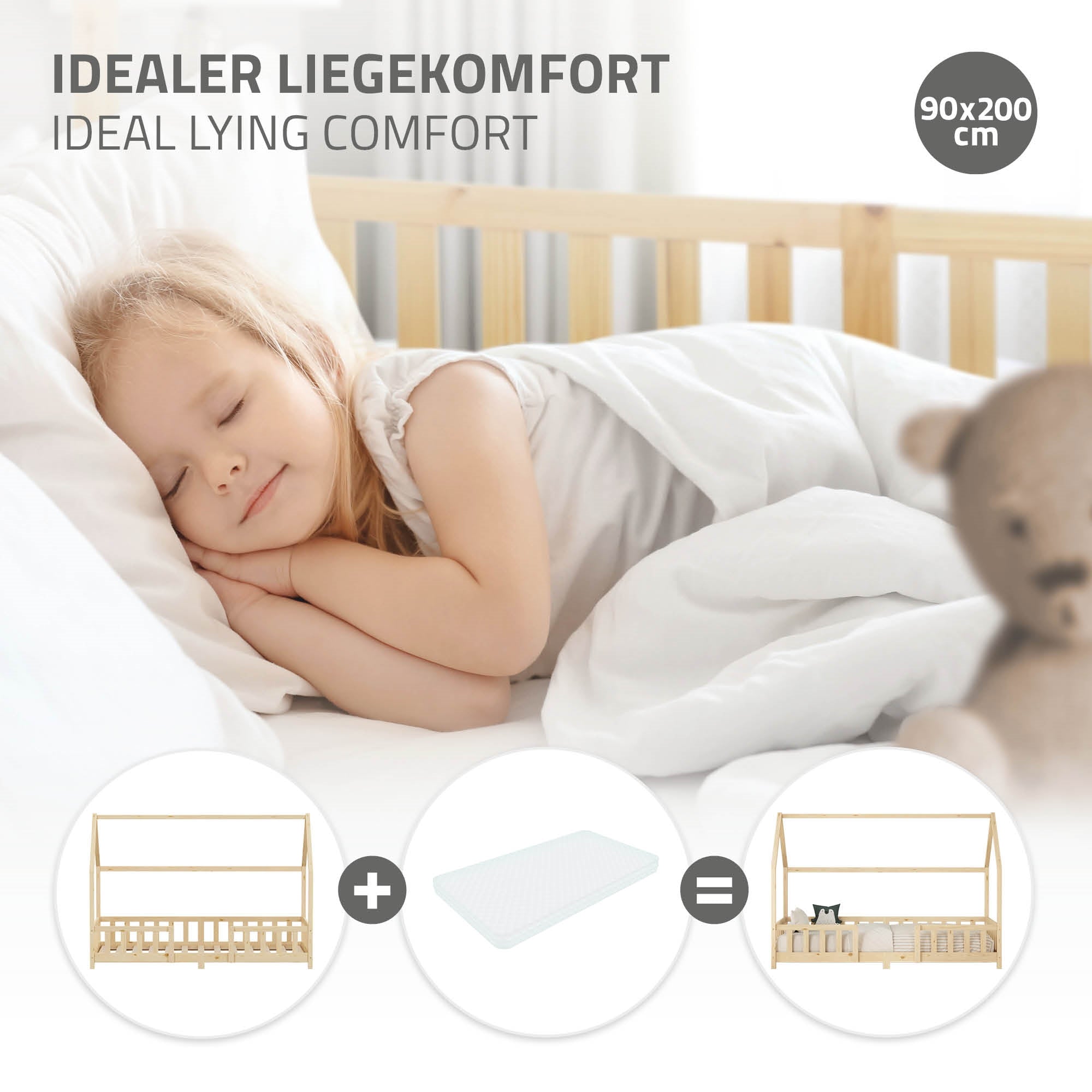 ECD Kinder lit cabane 90x200 naturel barrière sans matelas
