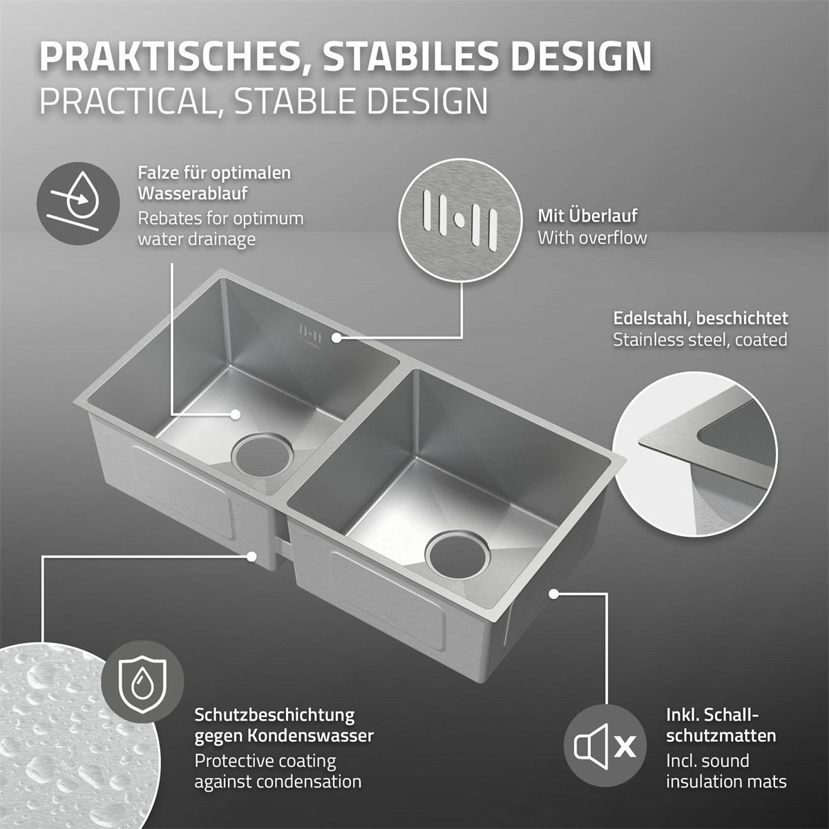ECD Germany Sanitär Double Évier Inox Argent 2 Bacs