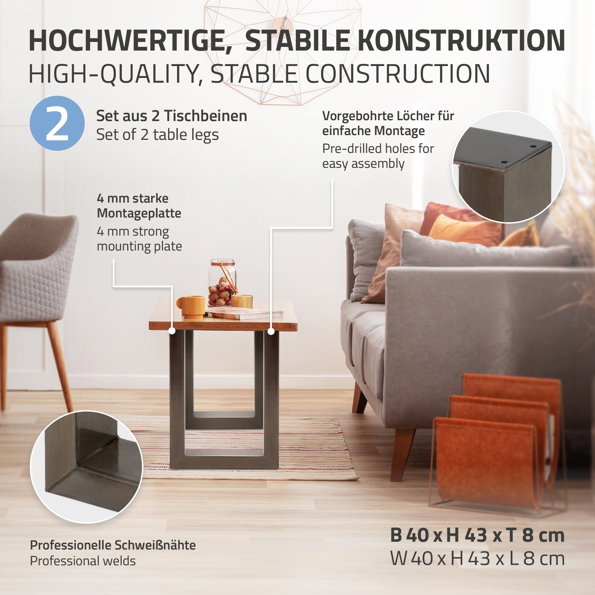 ECD Germany Möbel pieds de table U 40x43 cm anthracite x2