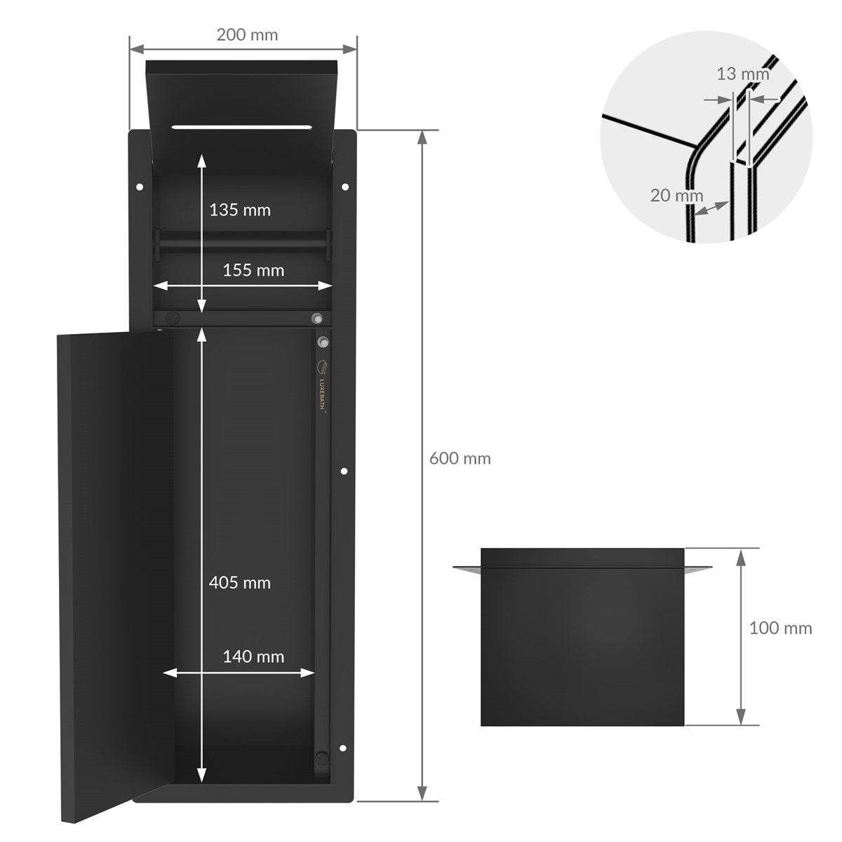 LuxeBath Niche murale WC inox noir mat 60x20 à carreler