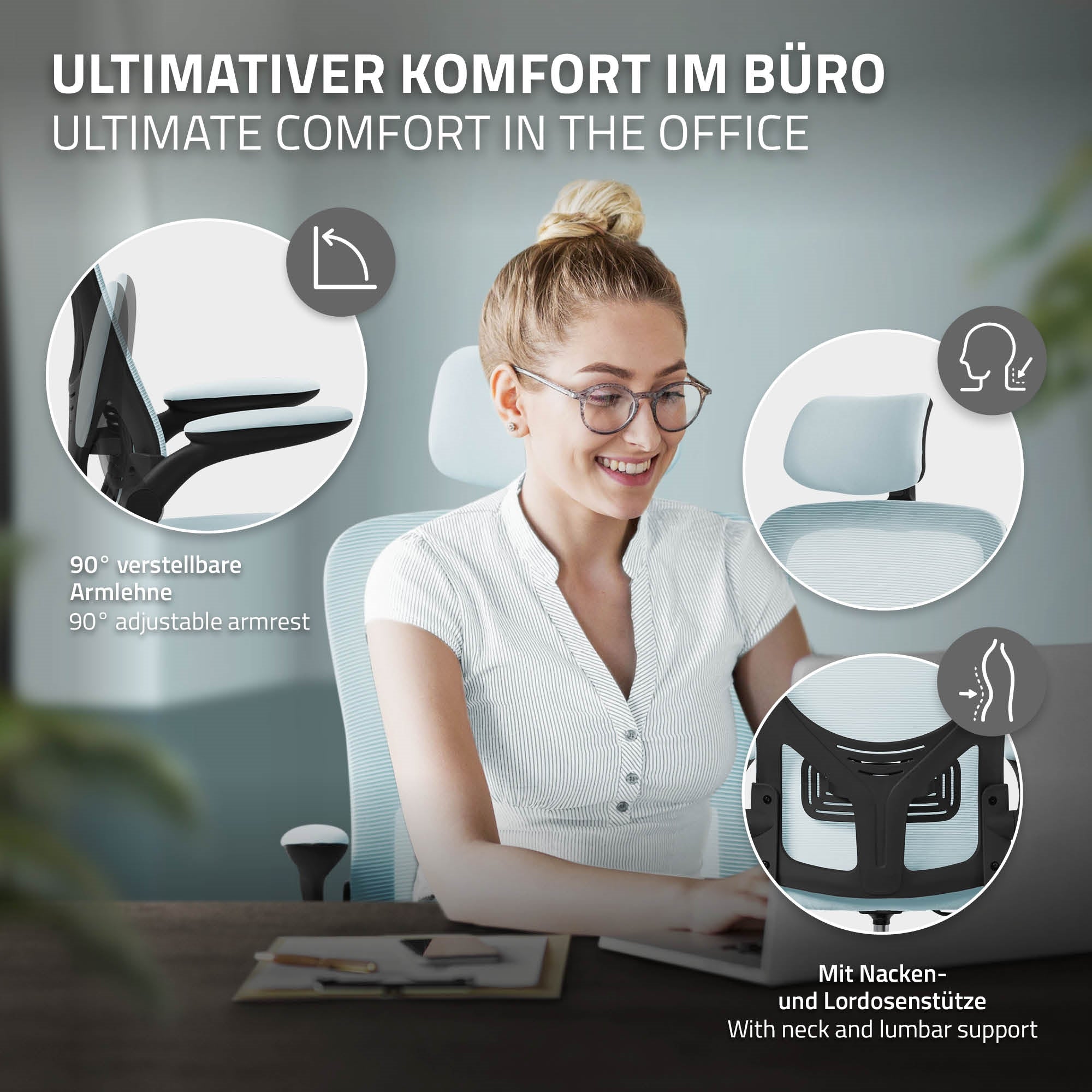 ECD Germany ML-Design chaise de bureau bleu maille appui-tête