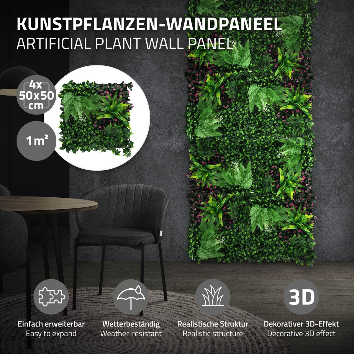 ECD Germany Jungle Fern mur végétal artificiel vert lot 4 50x50 cm