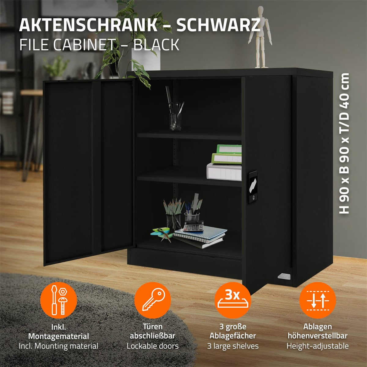 ECD Germany ML-Design armoire bureau acier noir 90x40x90 2 portes