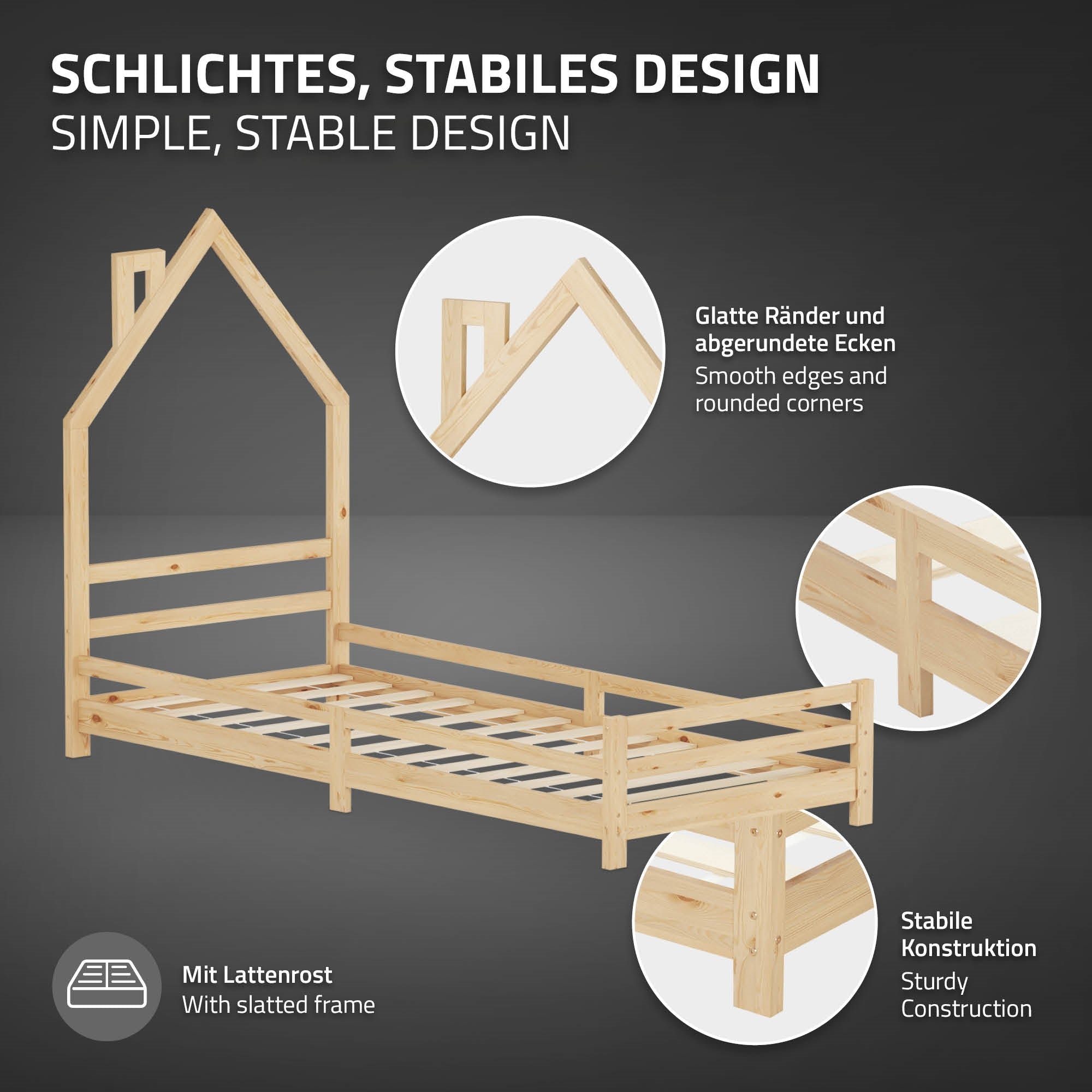 ECD Germany Kinder lit cabane 90x200 nature pin massif