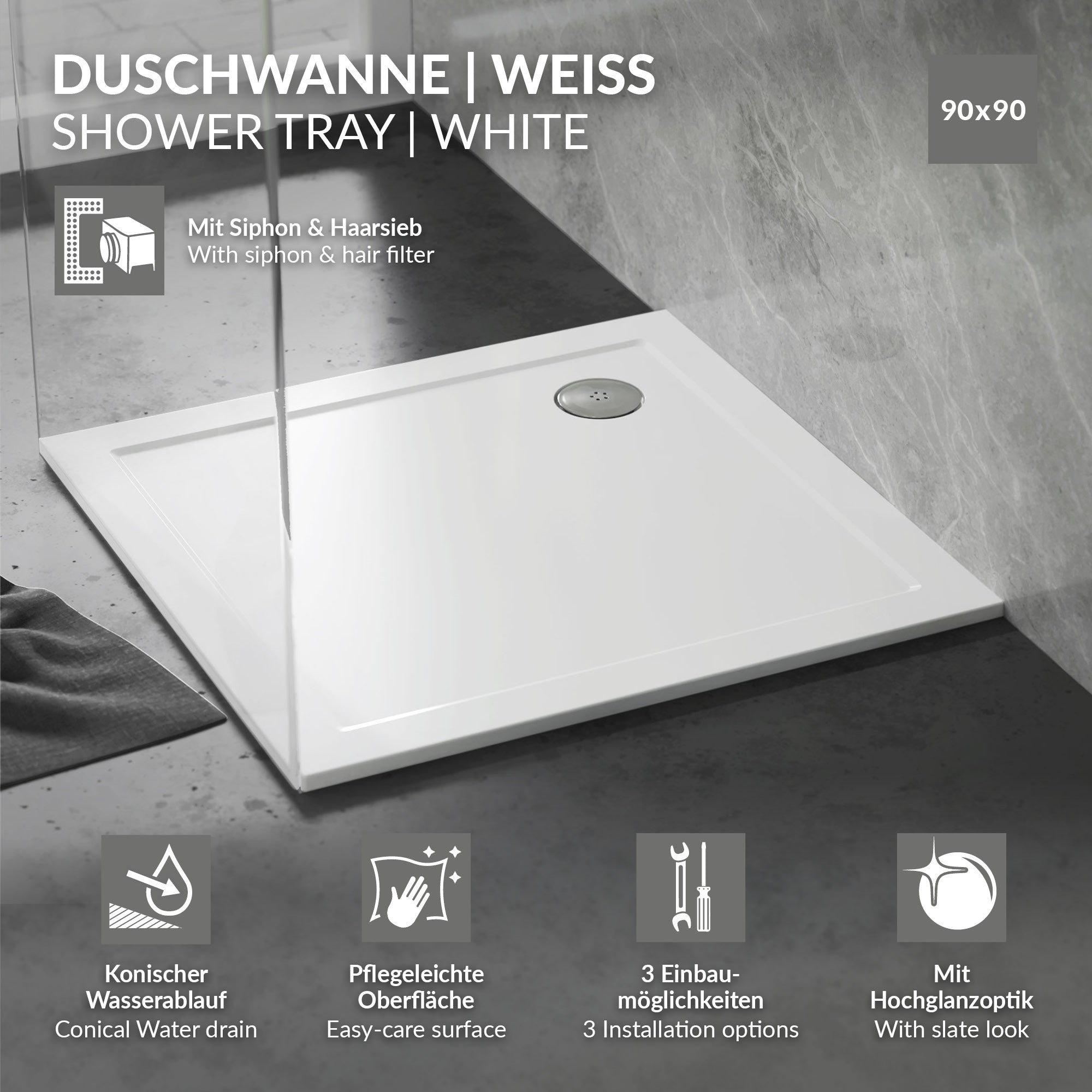 ECD Germany Sanitär receveur douche 90x90 cm blanc avec bonde