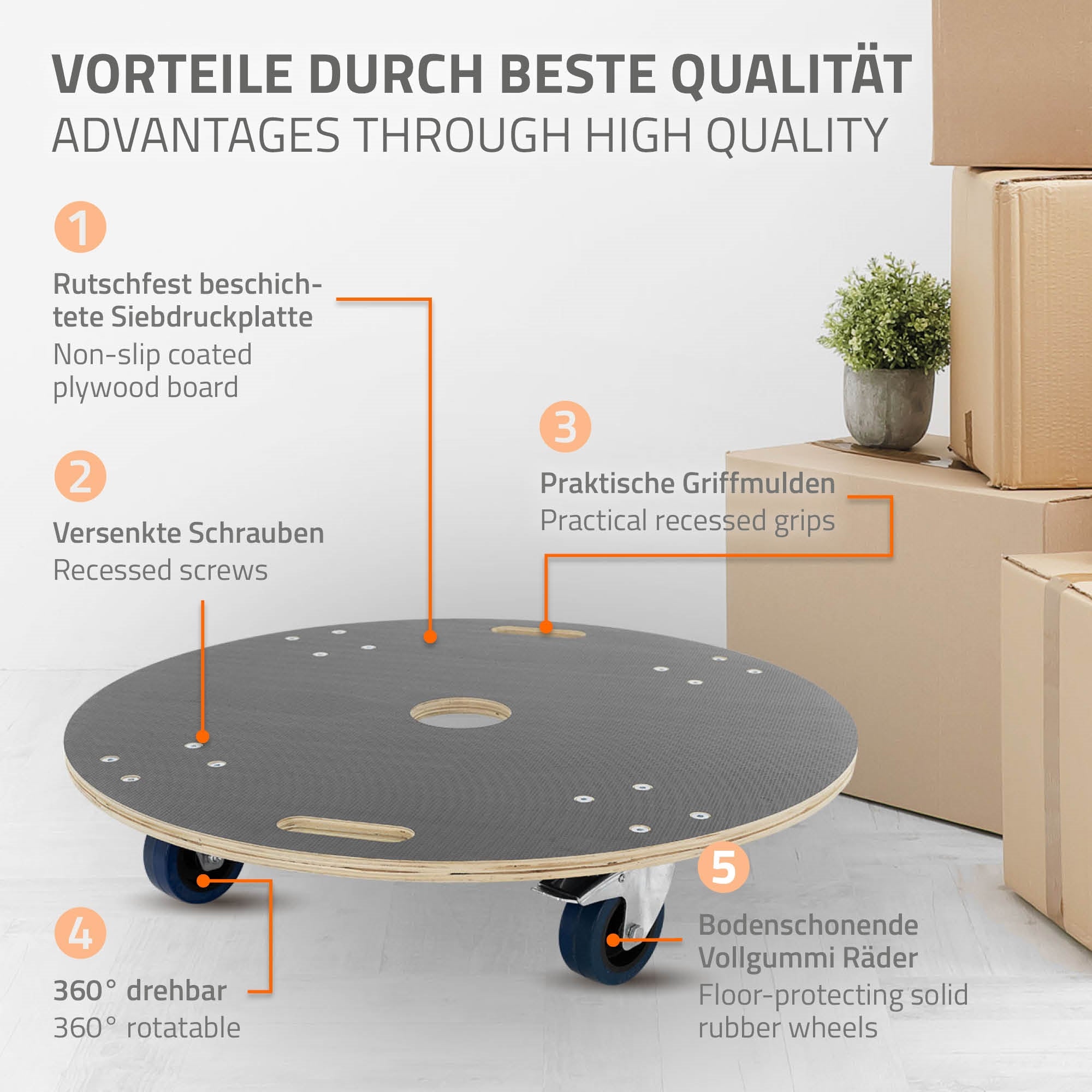 ECD Germany Plateau roulant rond 77 cm multiplex 800 kg freins