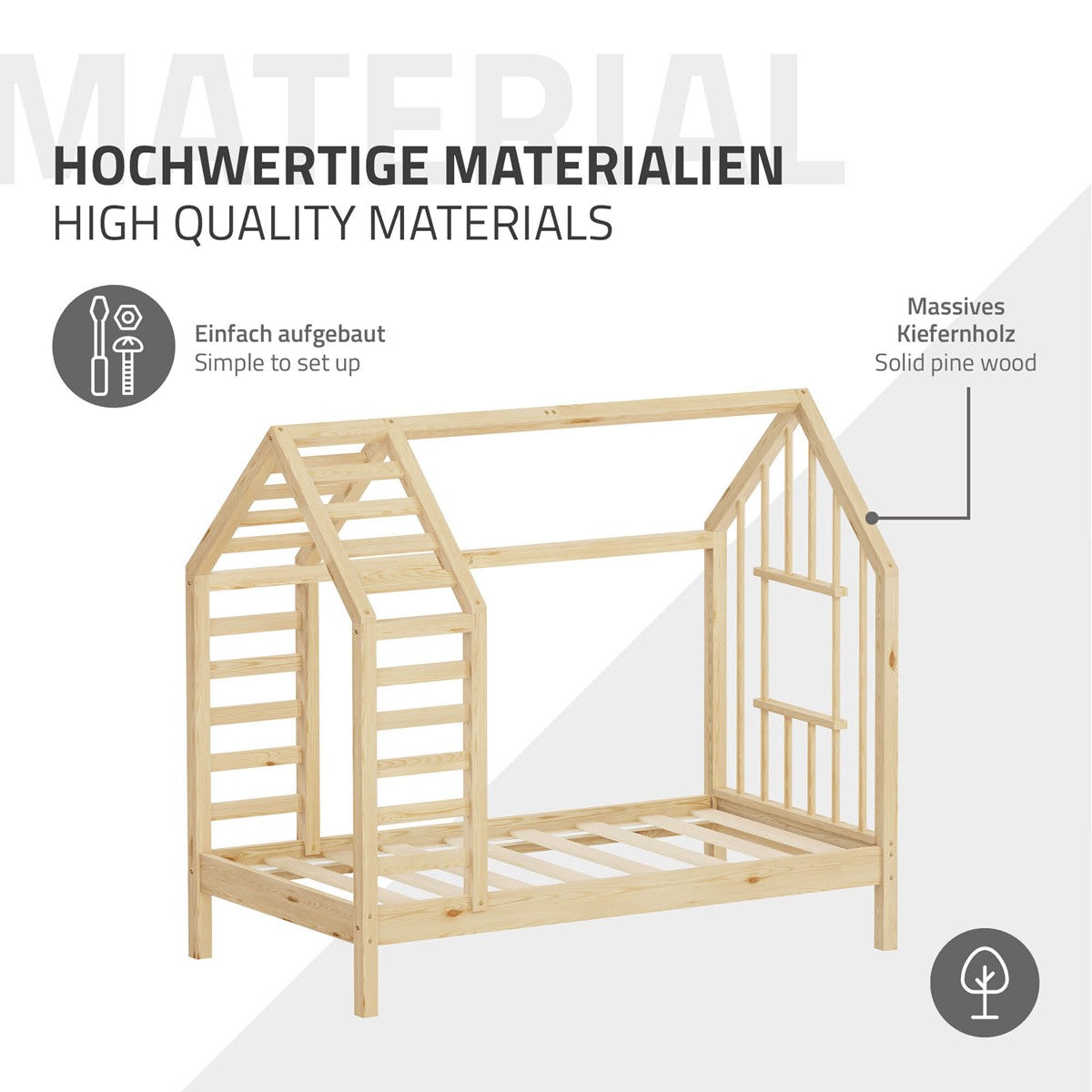 ECD Kinder lit cabane 70x140 naturel avec matelas 10 cm pin