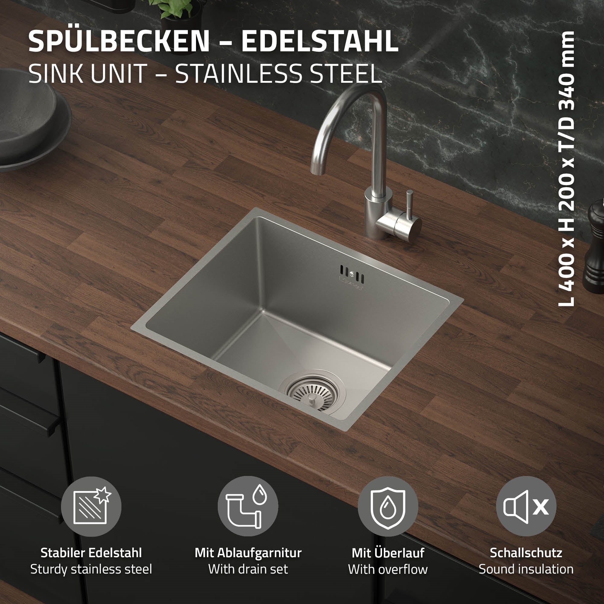 ECD Germany évier encastrable inox anthracite 34x40 cm + bonde