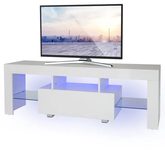 ML-Design meuble TV 130x49x45 blanc LED verre téléviseur