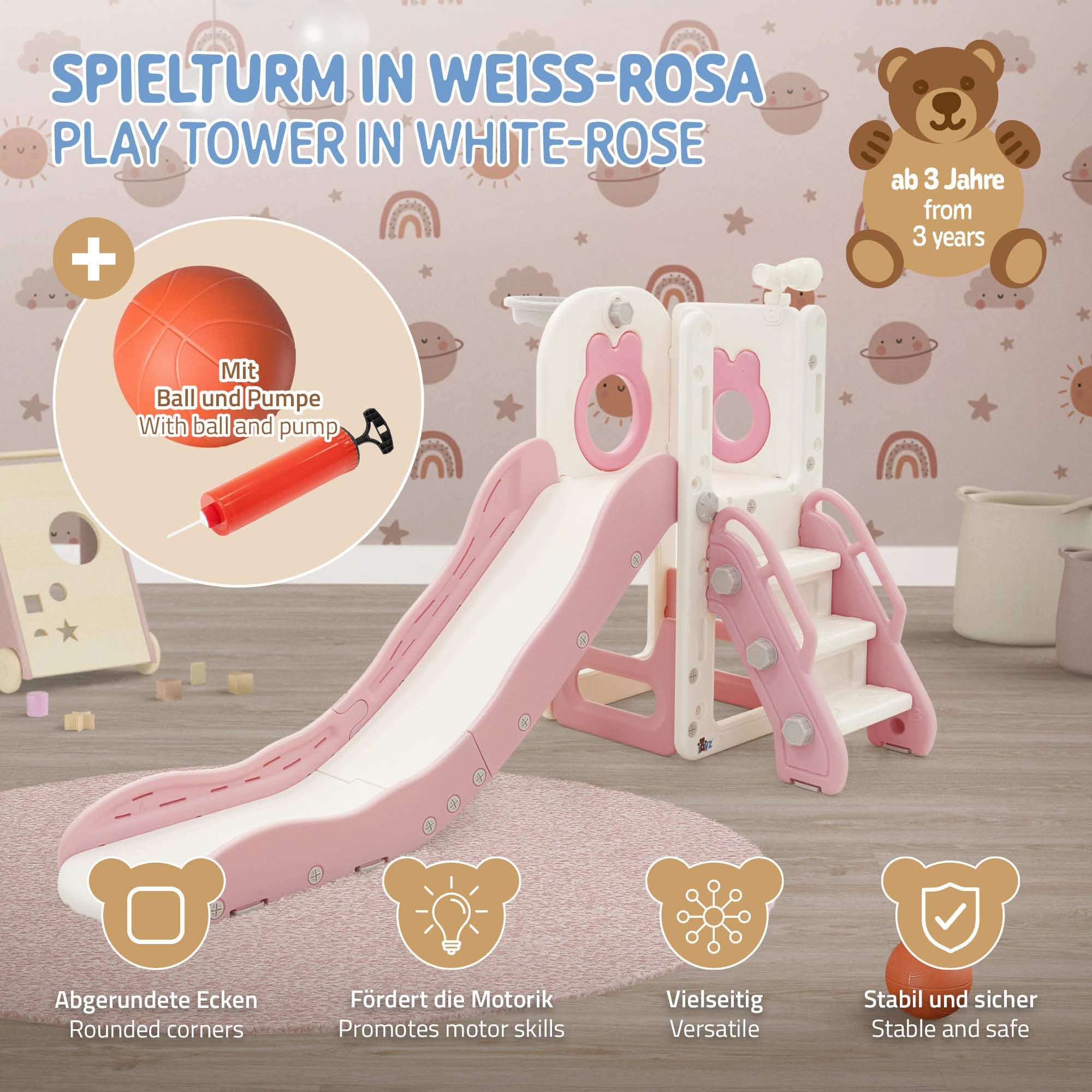 ECD Germany Kinder tour de jeu 3en1 toboggan rose-blanc