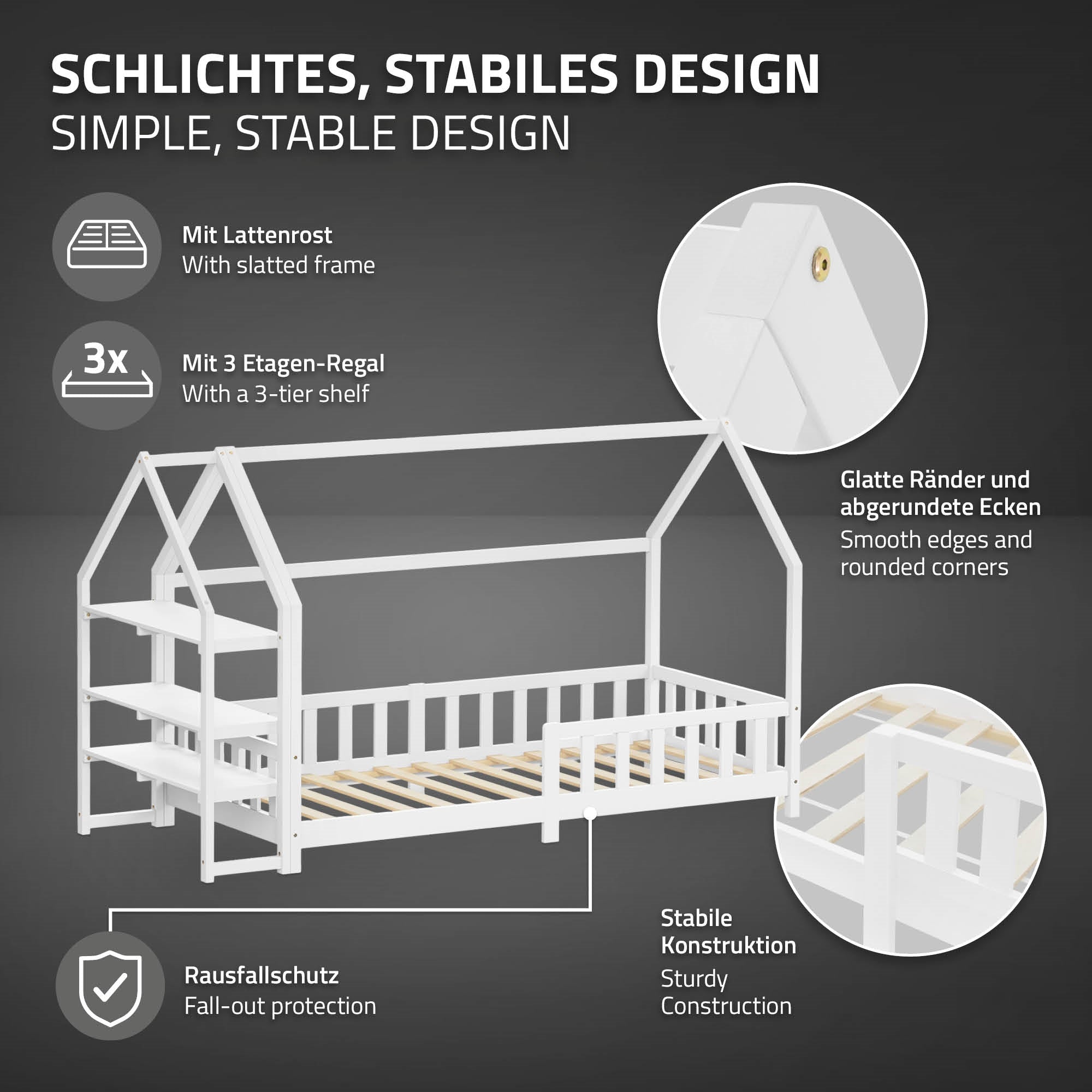 ML-Design Lit cabane enfant 90x200 blanc avec matelas 10 cm