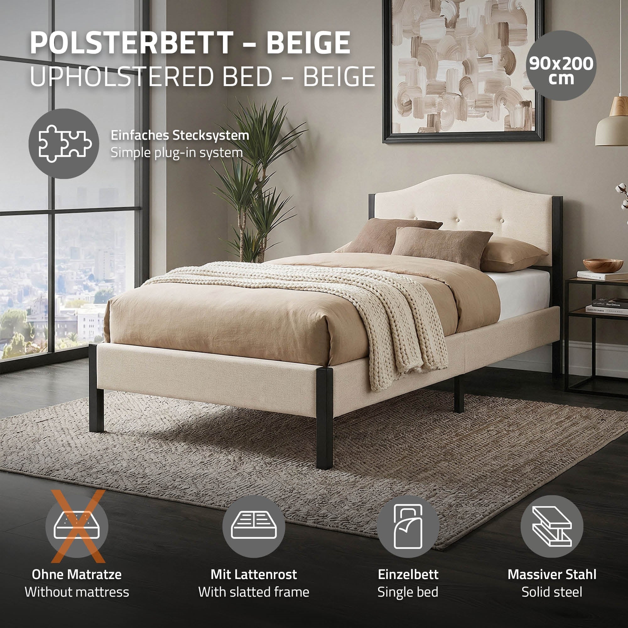 ECD Germany Möbel ML-Design Lit capitonné 90x200 beige lattes