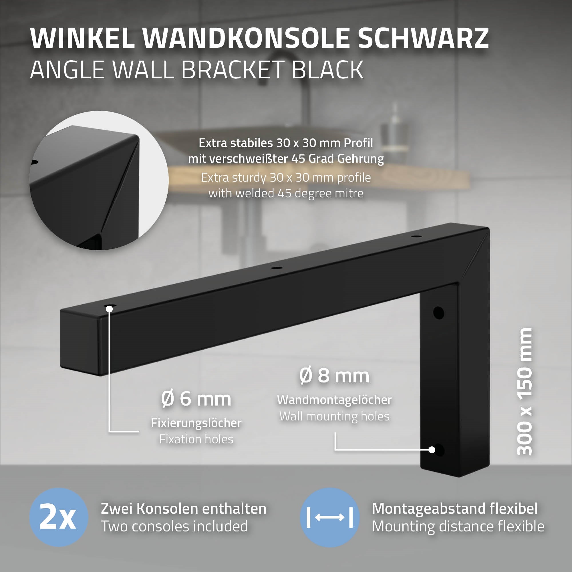 ML-Design Équerre murale acier noir 300x150 mm lot de 2