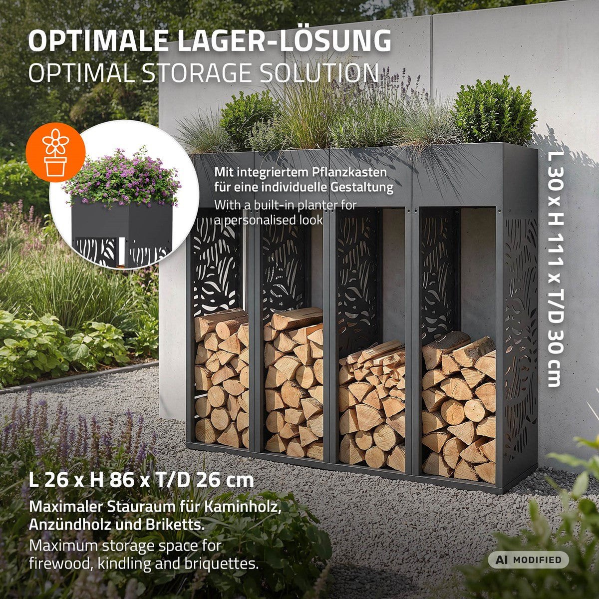 ECD Germany Garten range-bûches 30x111 cm anthracite feuilles