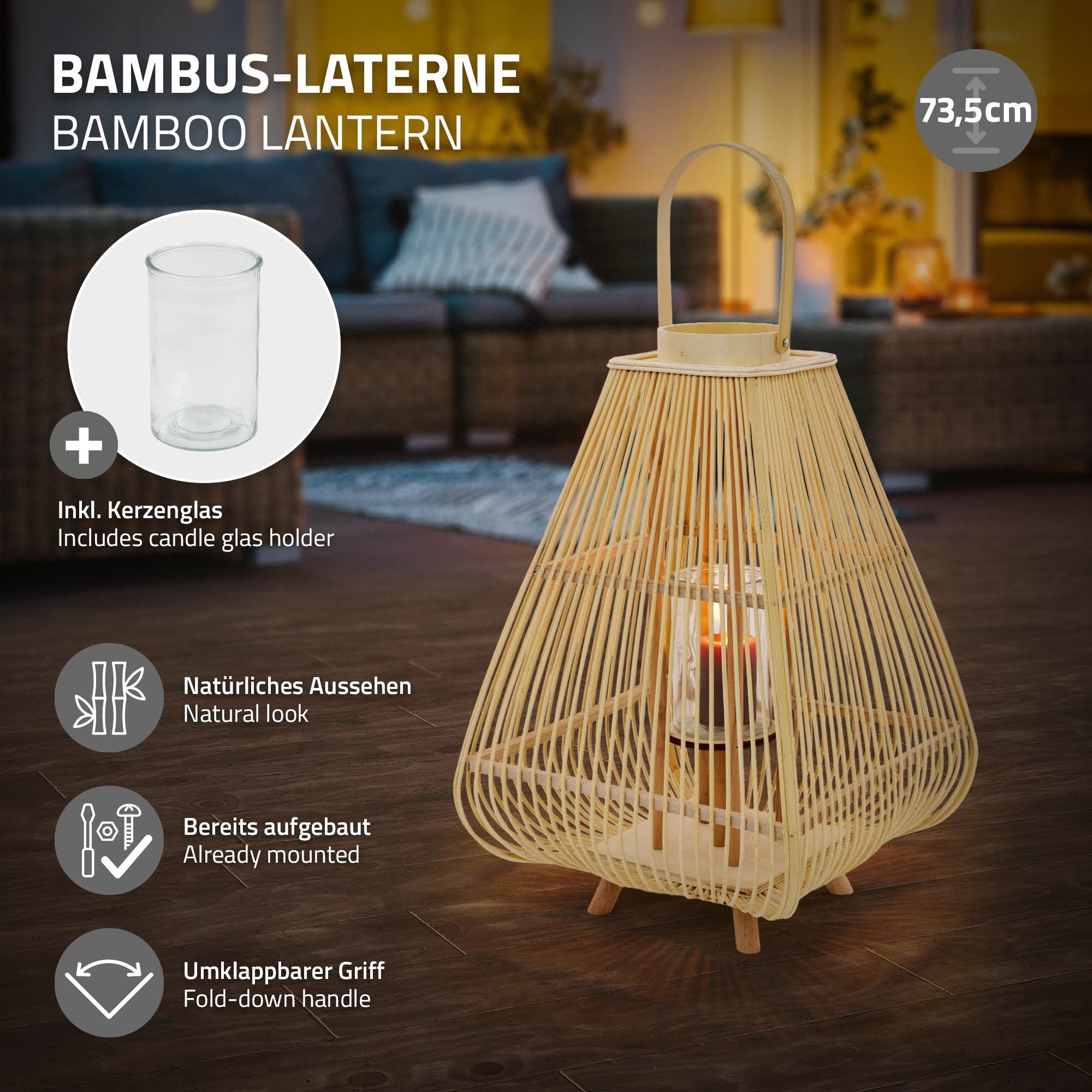 ECD Germany Garten Lanterne bambou carrée 45,5cm nature/gris verre