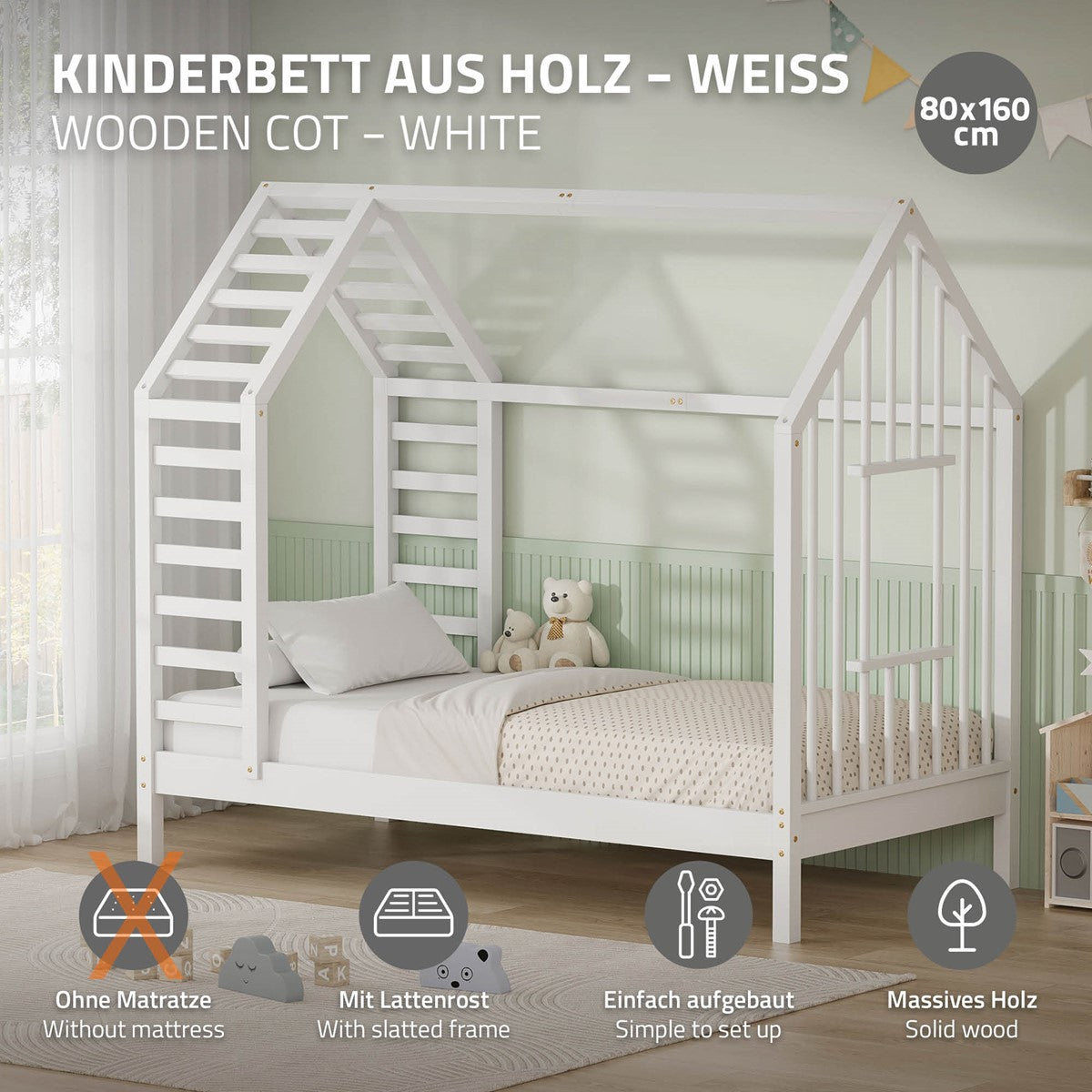ECD Germany Kinder 80x160 lit cabane enfant blanc pin massif