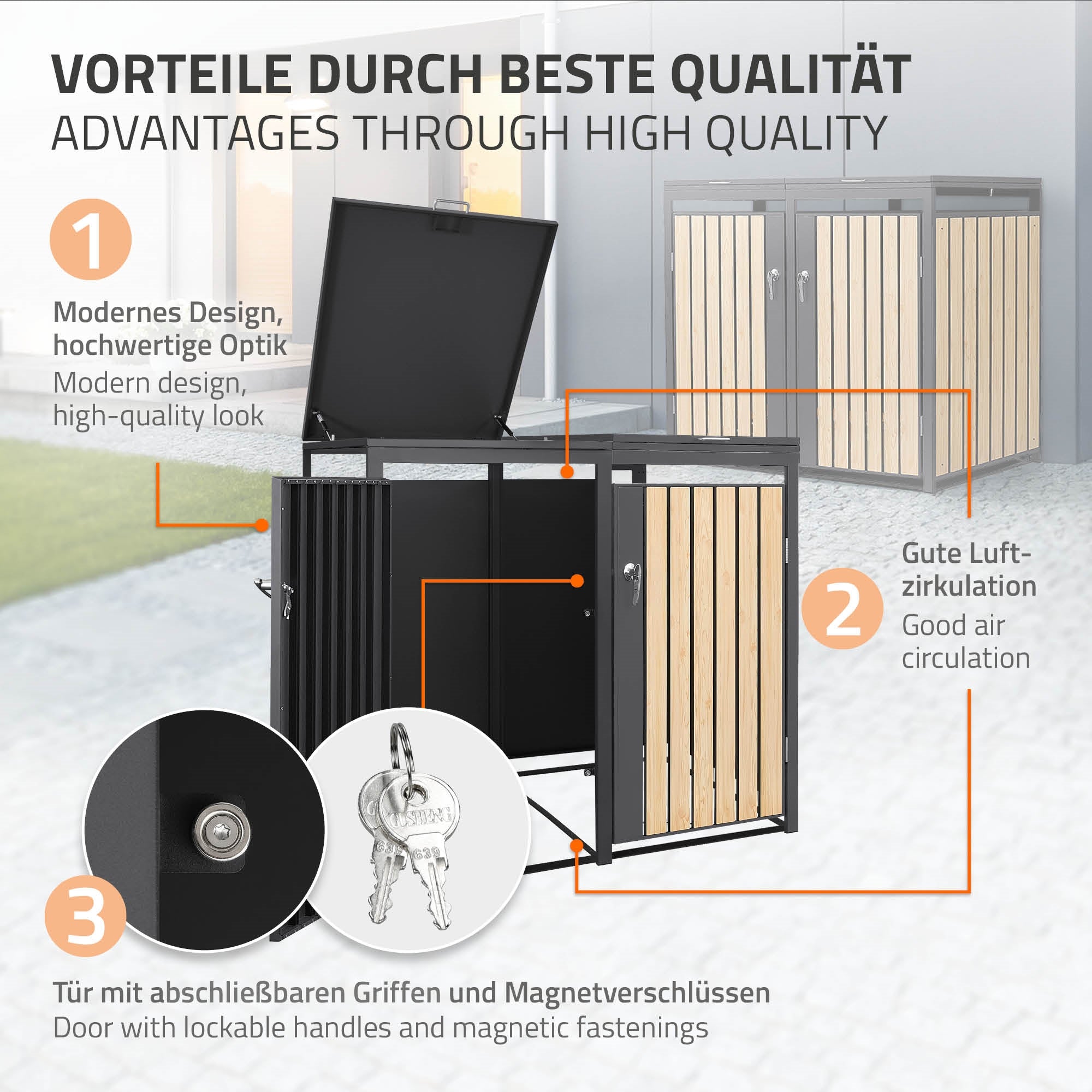 ECD Germany Garten Cache-Poubelles Triple 240L Aspect Mélèze