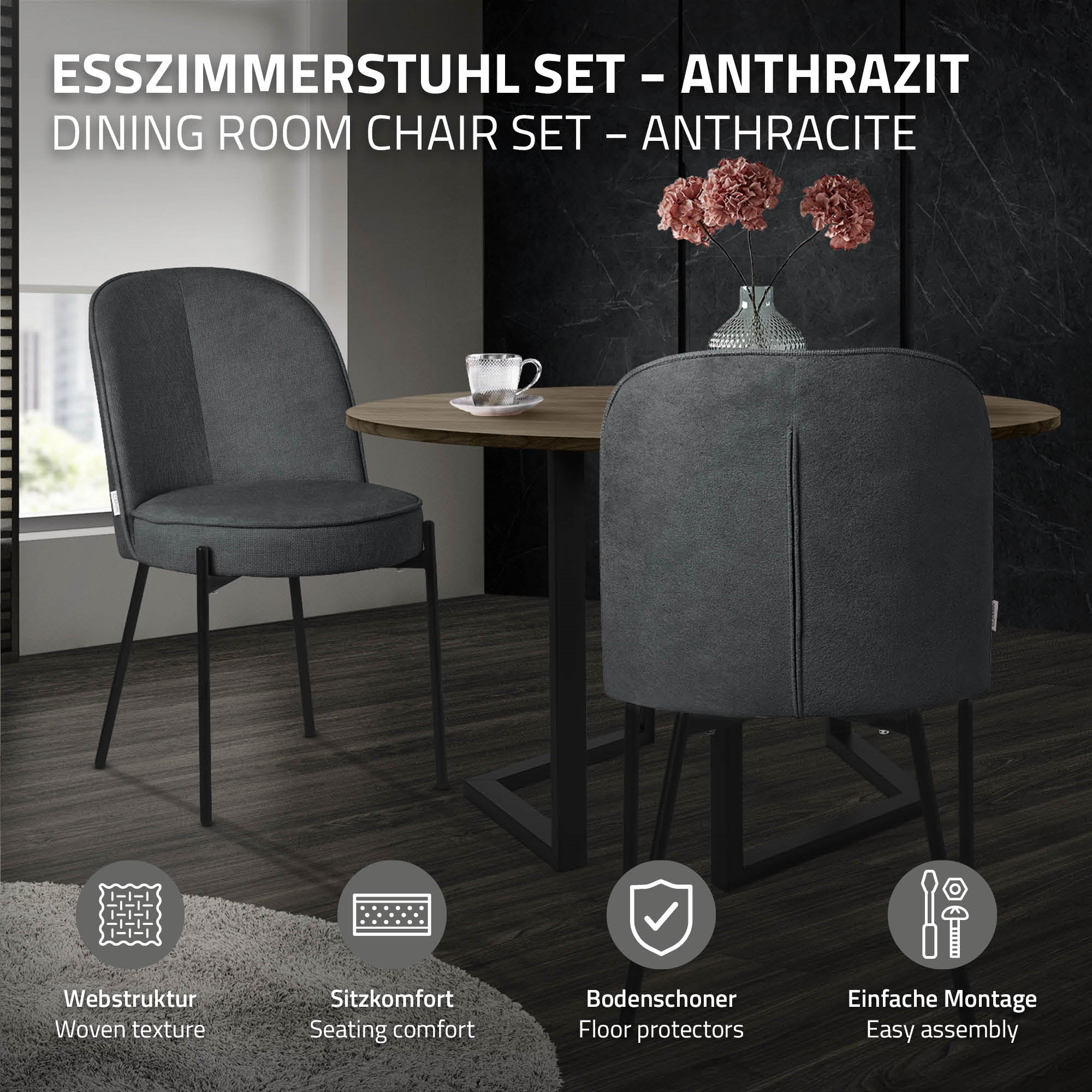 ECD Germany ML-Design chaise salle à manger anthracite tissu lot 6