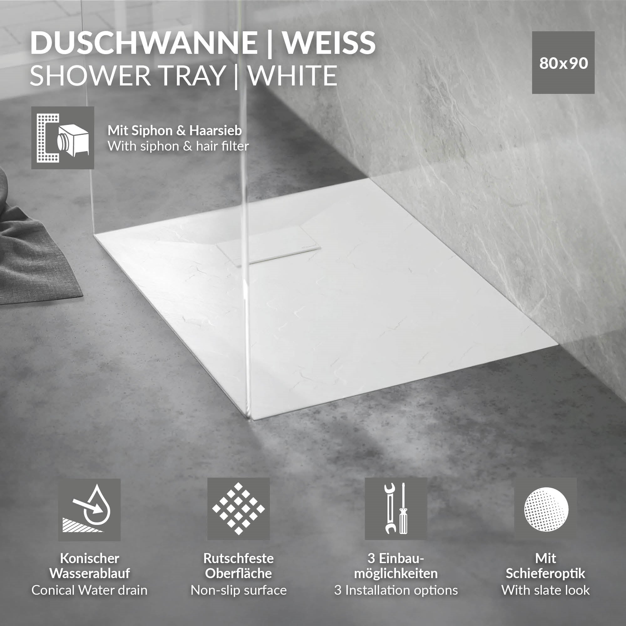 ECD Germany Sanitär receveur de douche 90x80 cm blanc antidérapant