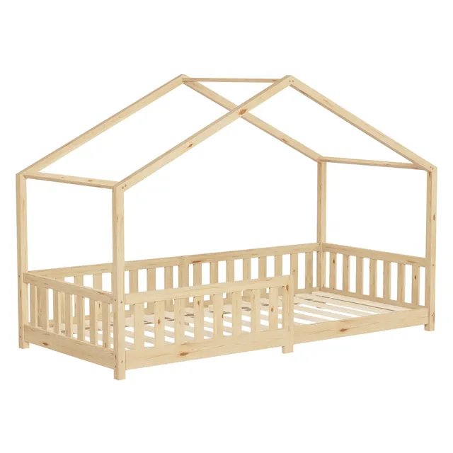 ECD Germany Kinder Lit cabane 90x200 cm nature pin avec sommier
