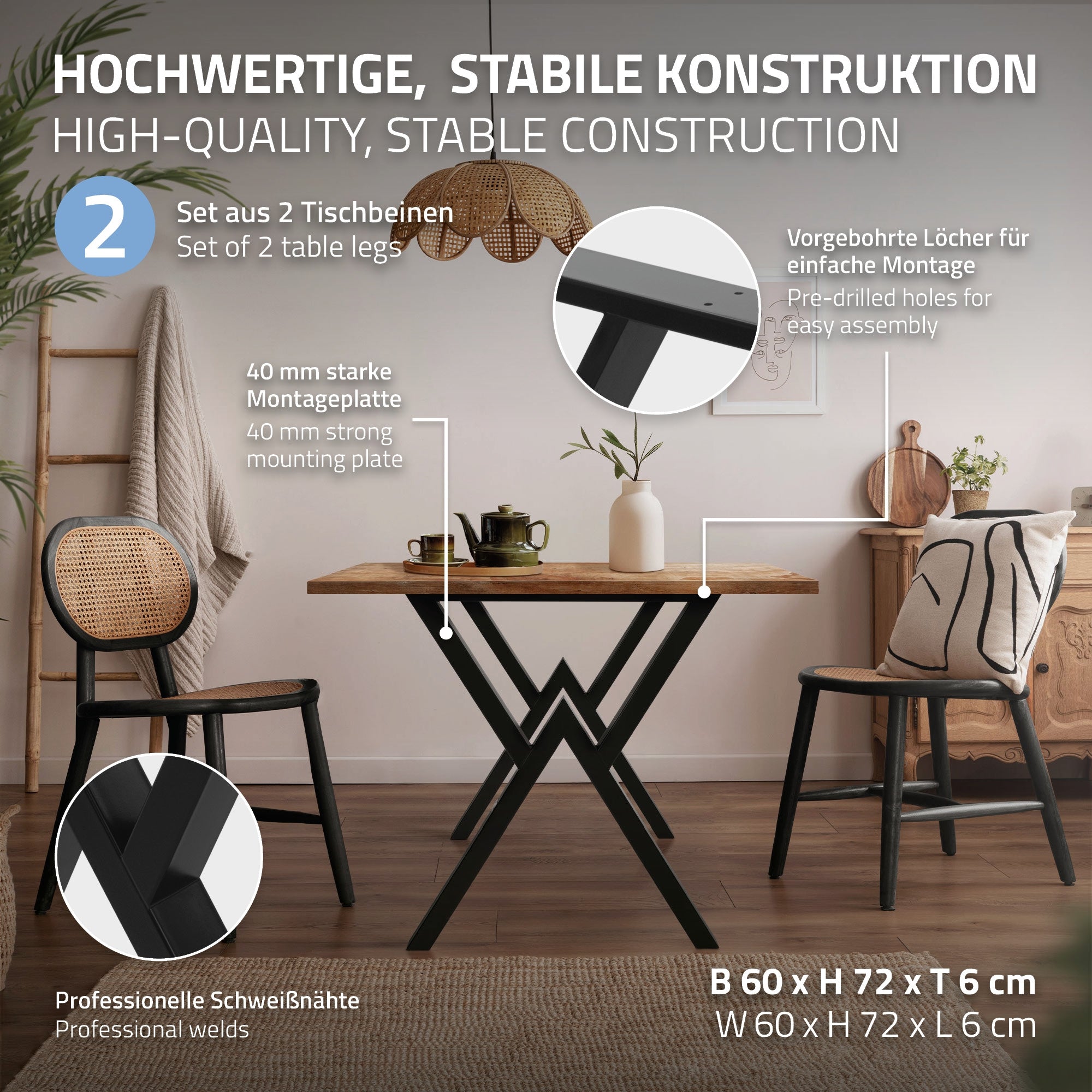ECD Germany Möbel lot 2 pieds table X acier noir 60x72 cm