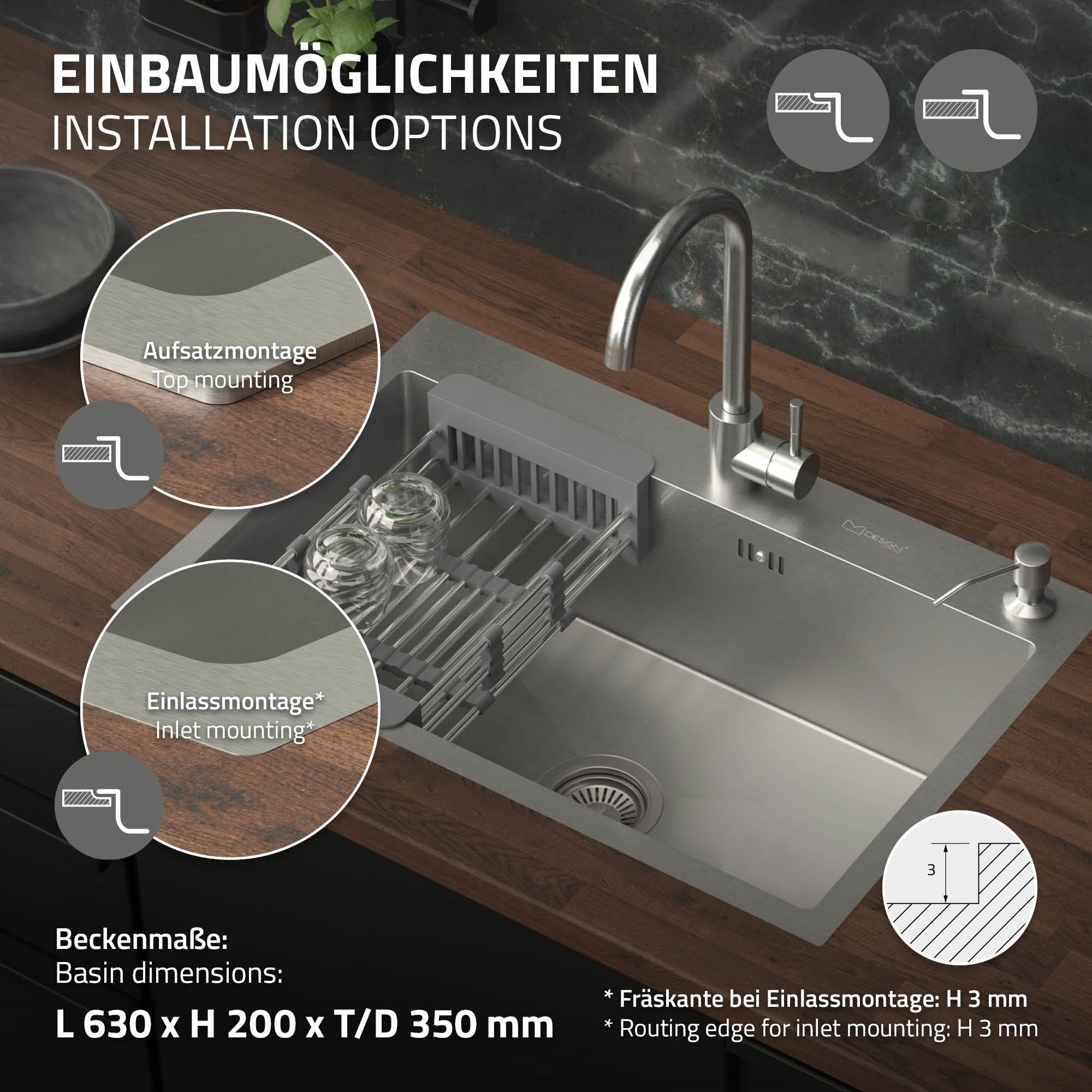 ECD Germany Sanitär évier 68x45 cm inox argent encastrable