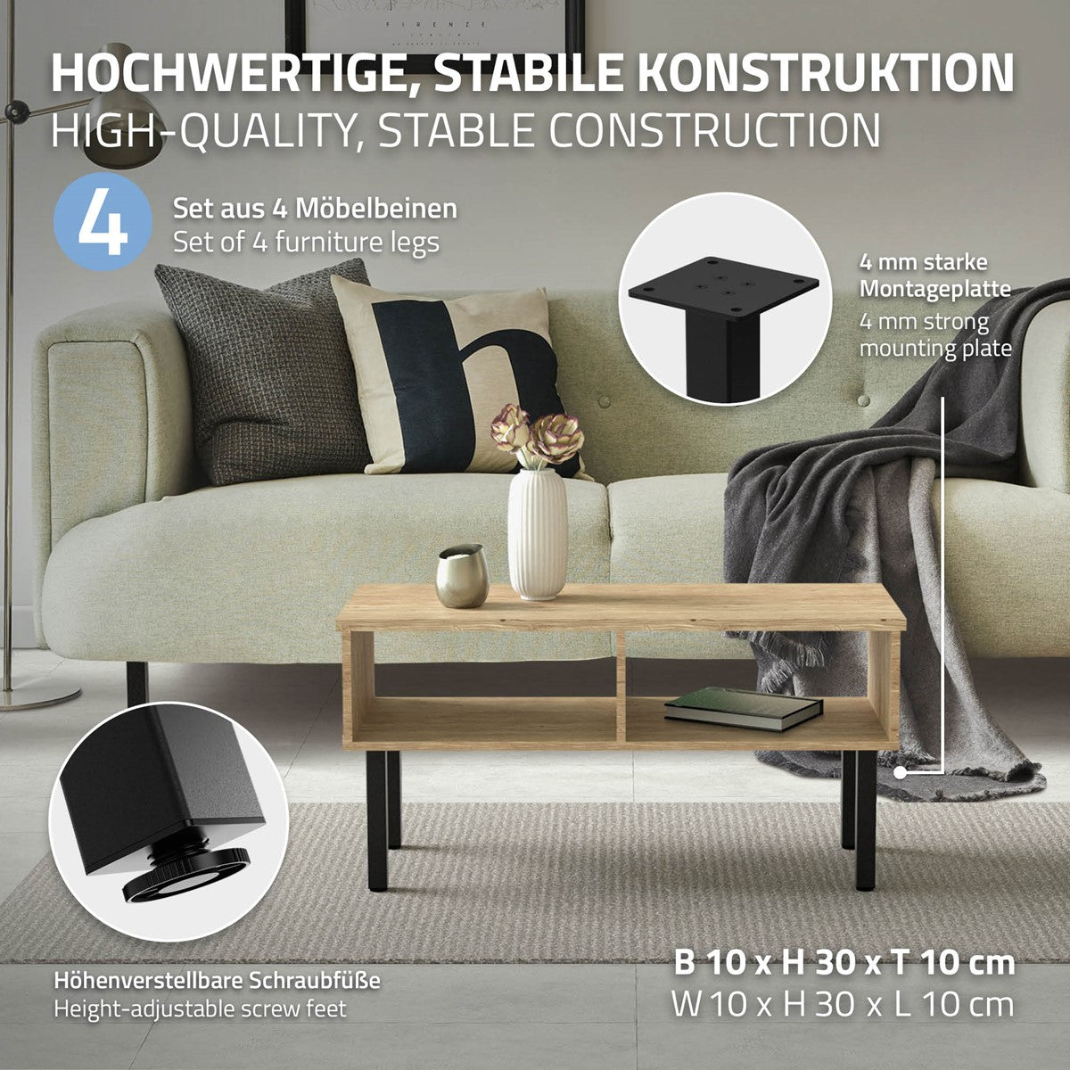 ECD Germany Möbel pieds de table I-Design acier noir 30 cm lot de 4