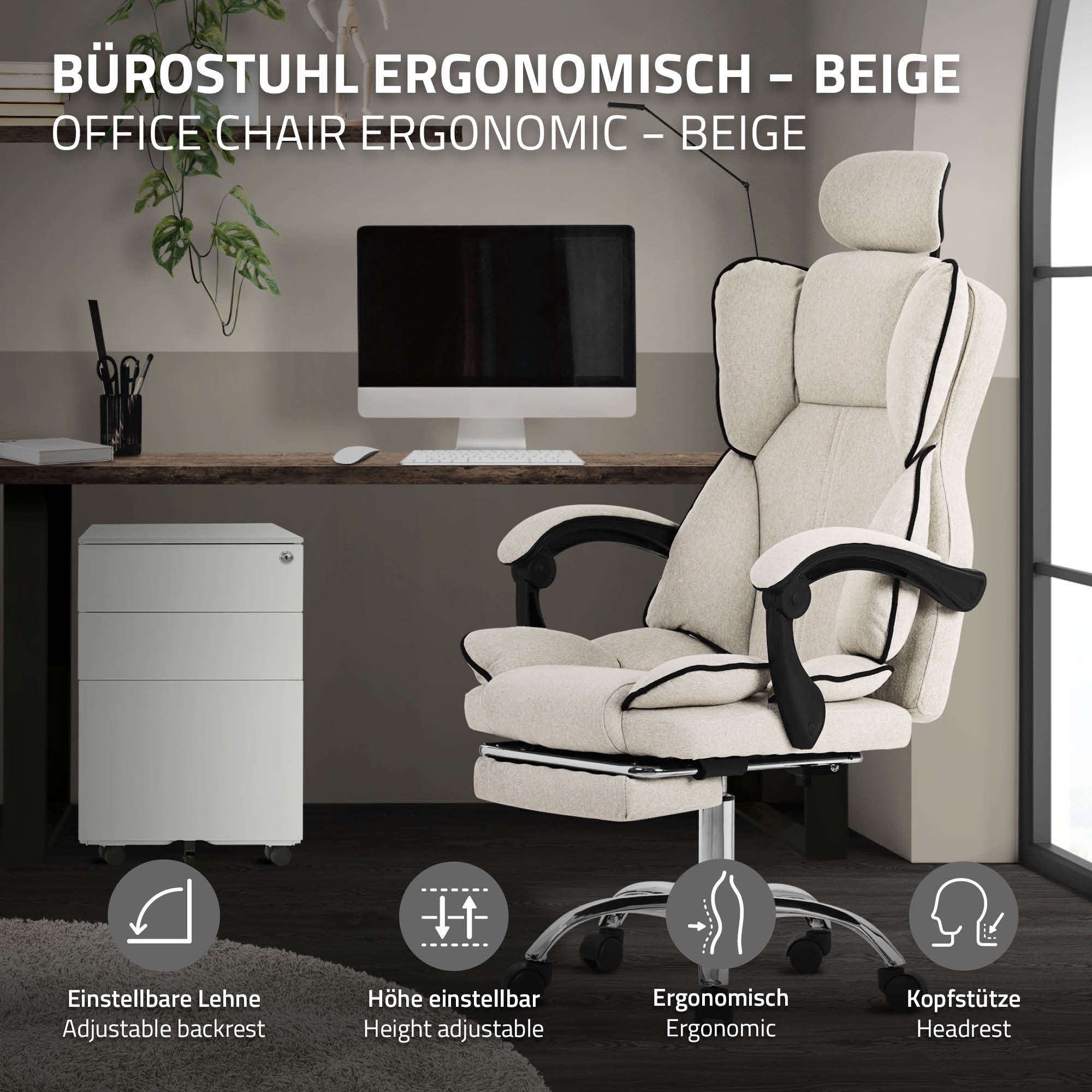 ML-Design fauteuil bureau beige dossier réglable repose-pieds 120 kg
