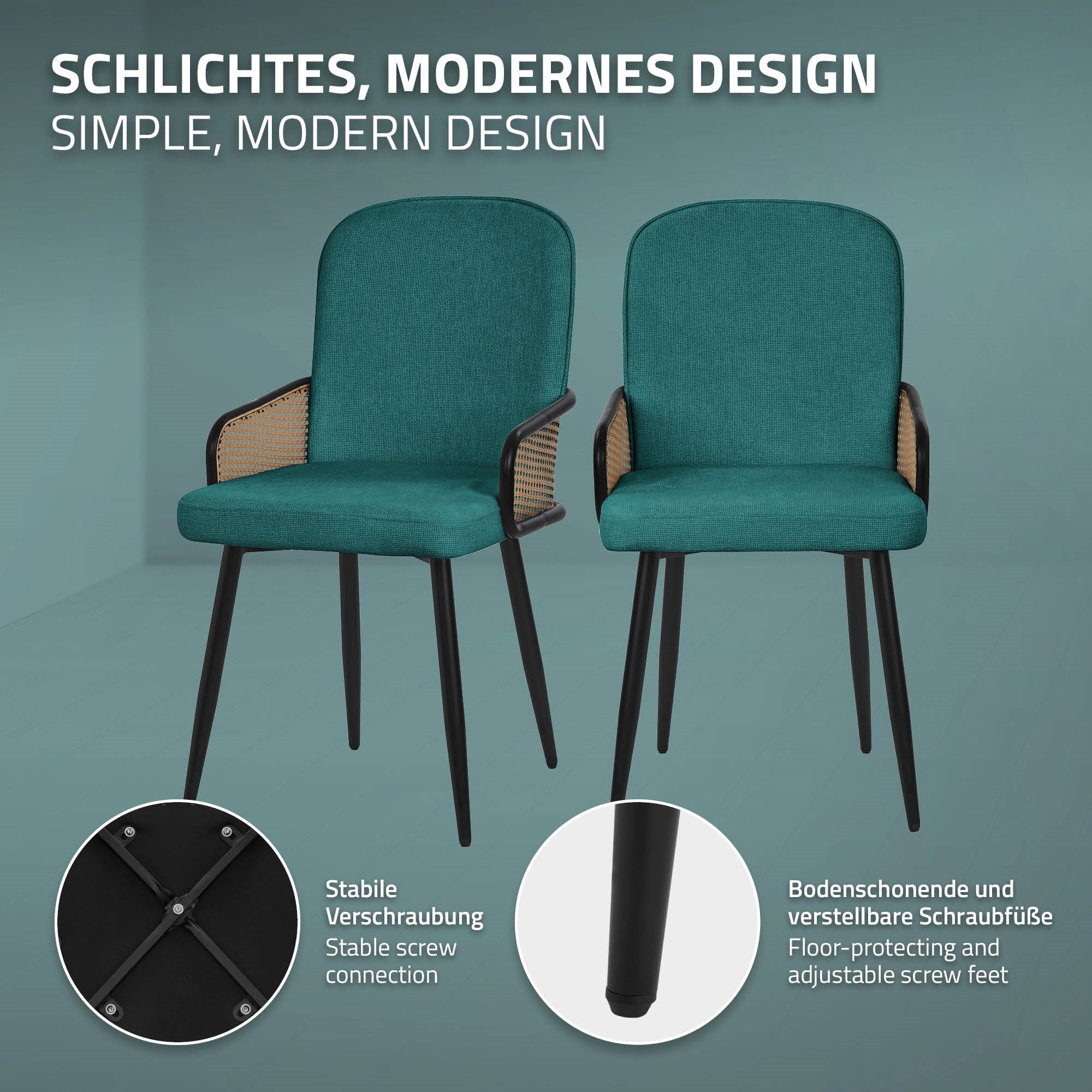 ECD Germany Möbel lot 2 chaises salle à manger pétrole accoudoirs rotin