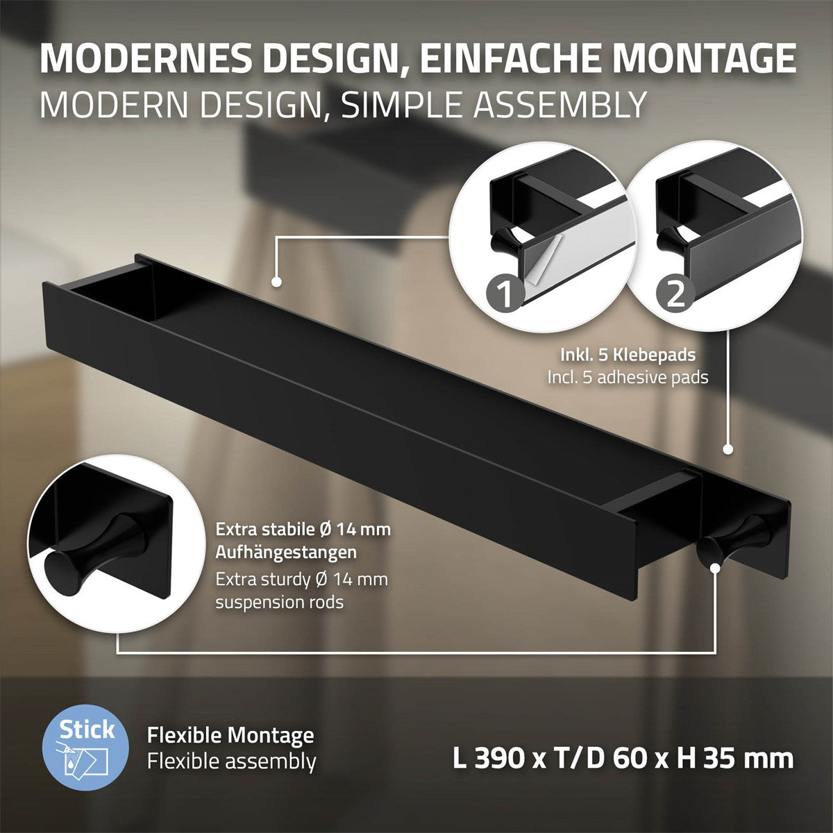 ECD Germany Sanitär Porte-serviettes 42 cm Argent Acier sans perçage