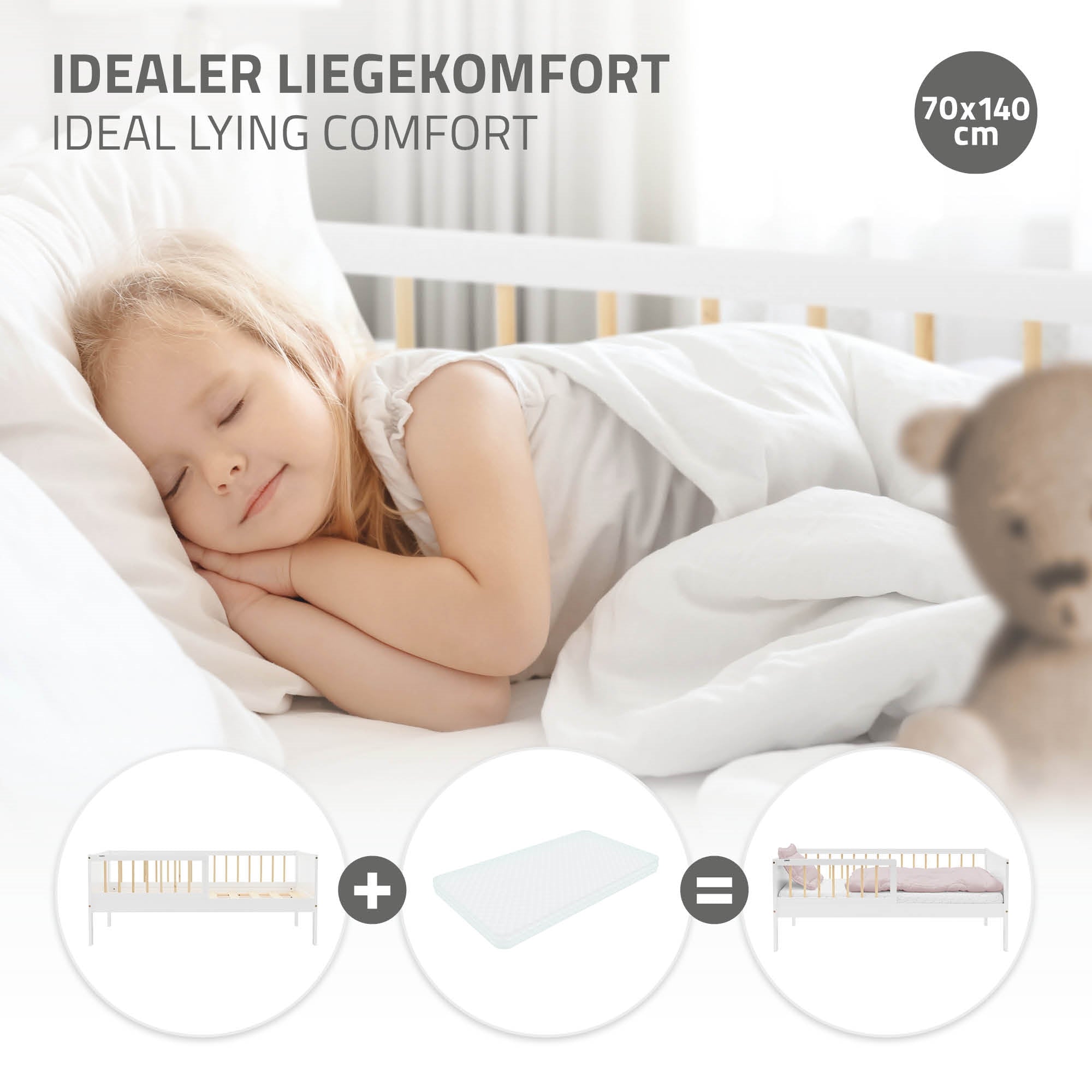 ECD Germany Kinder lit enfant pin 70x140 blanc naturel sommier