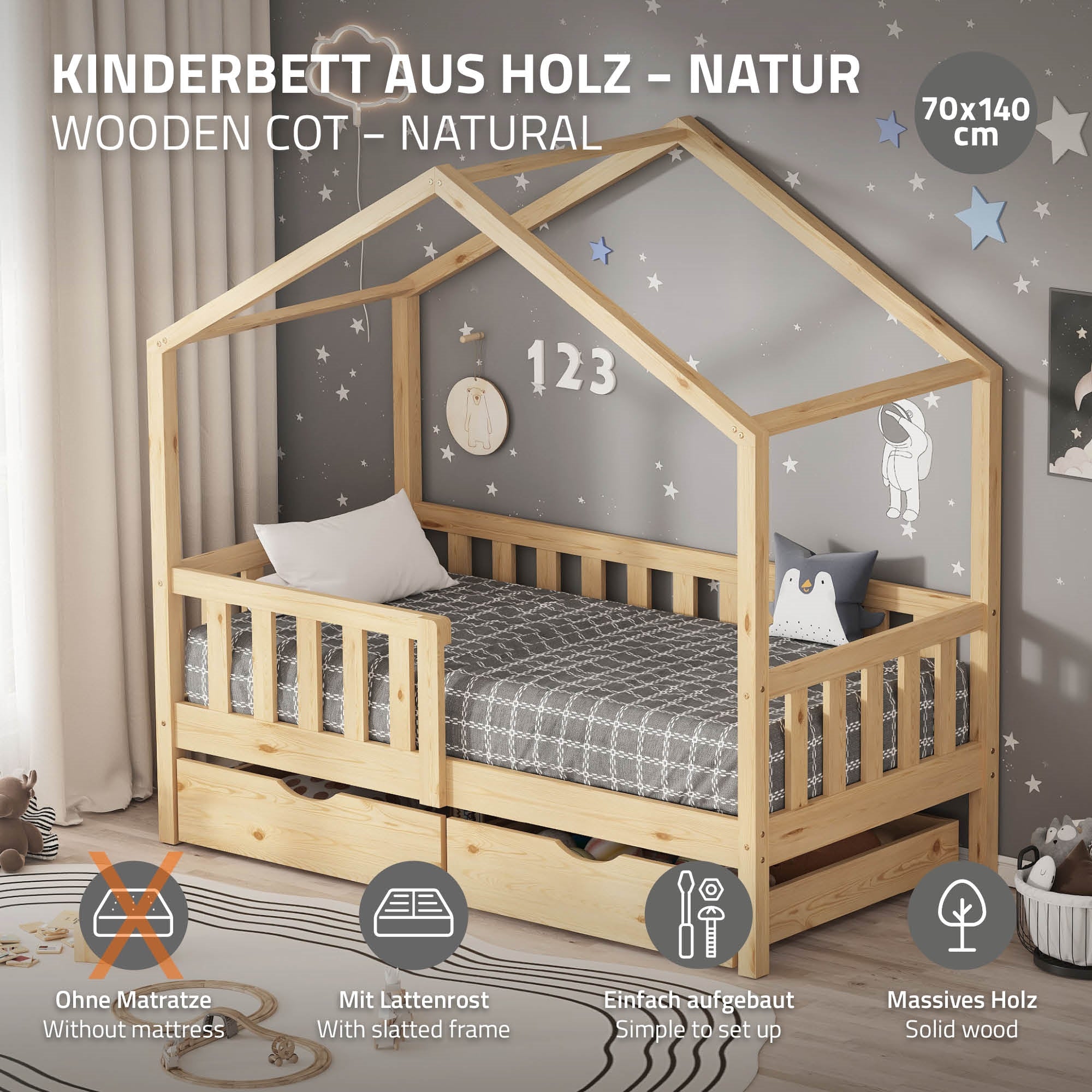 ECD Germany ML-Design lit cabane 70x140 naturel 2 tiroirs