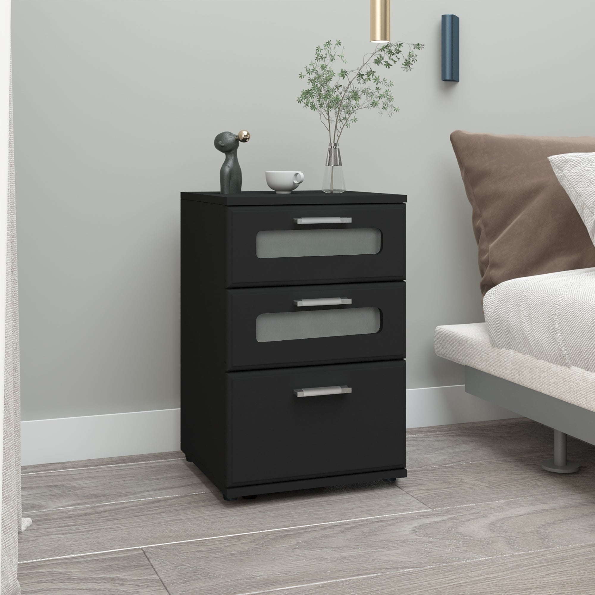 ECD Germany Möbel table de chevet noire 40x60x38 cm 3 tiroirs