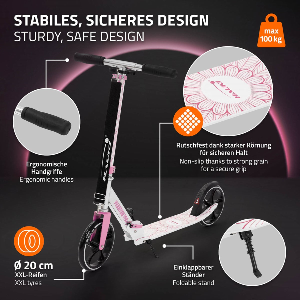 Hauki trottinette city rose pliable roues XXL 20 cm adulte enfant