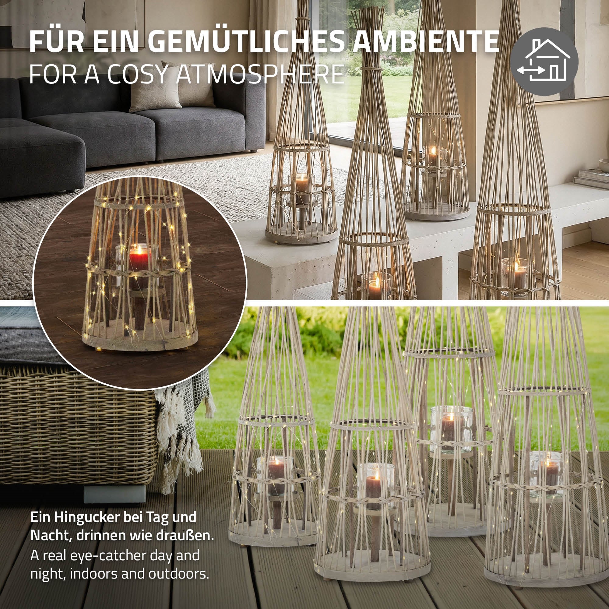 ECD Germany Garten lanterne bambou 91 cm bois avec LED