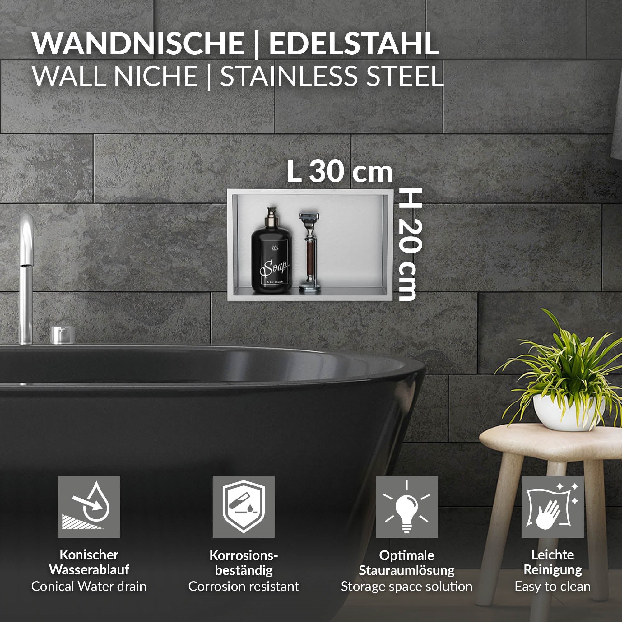 ECD Germany Sanitär niche douche inox noire 30x20x10