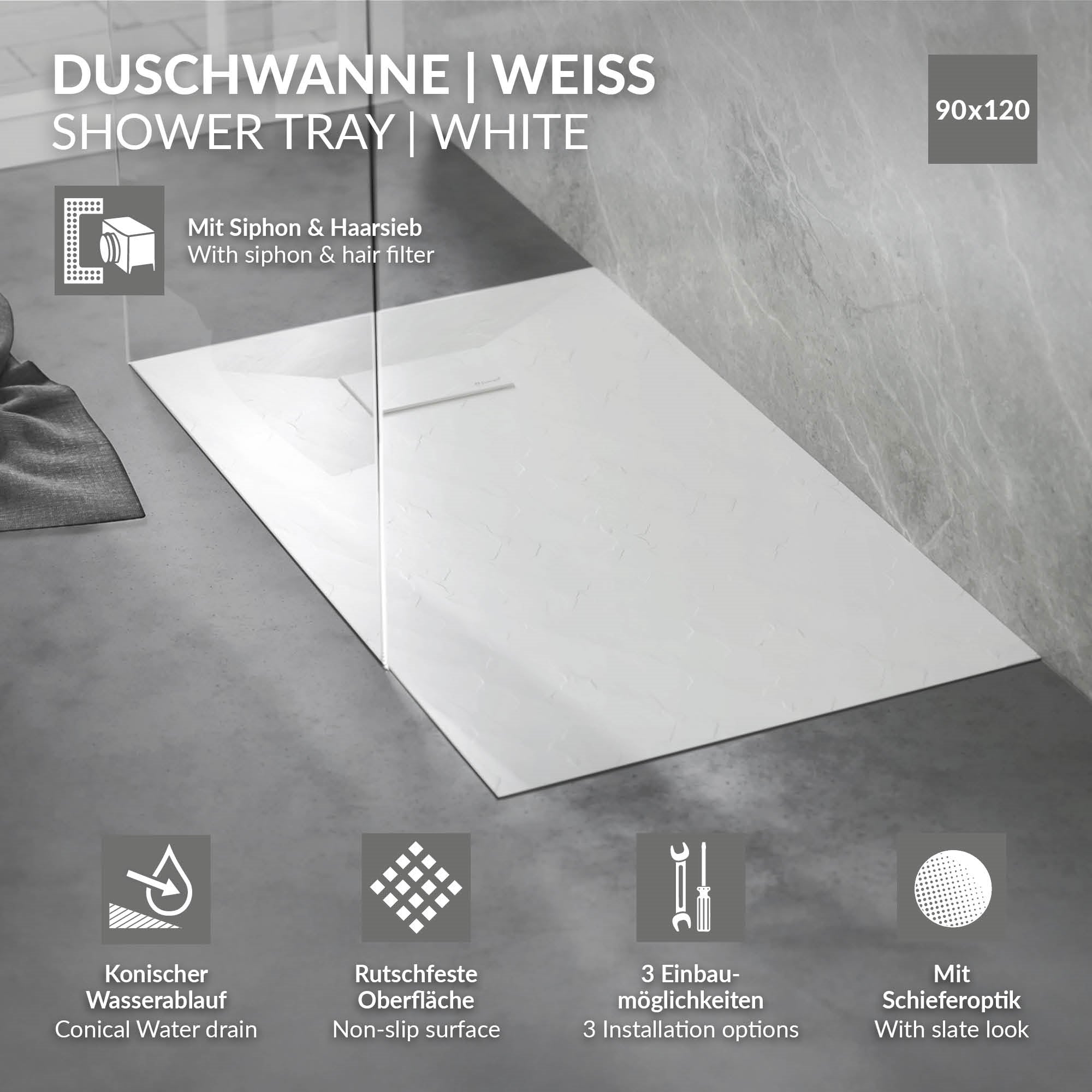 ECD Germany LuxeBath receveur douche blanc 120x90 cm extra-plat