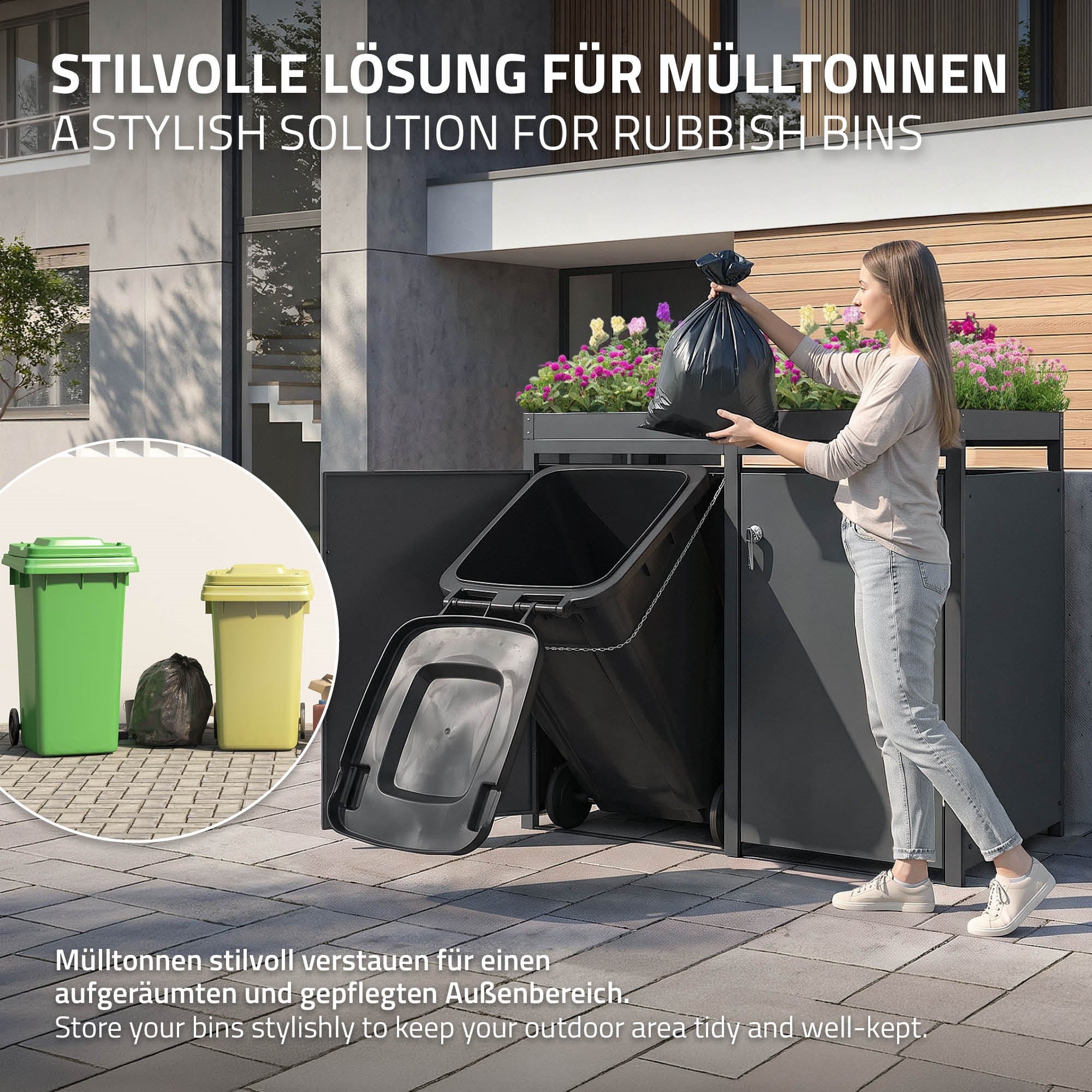 ECD Germany Garten Cache-poubelle 4x240L anthracite acier toit végétal