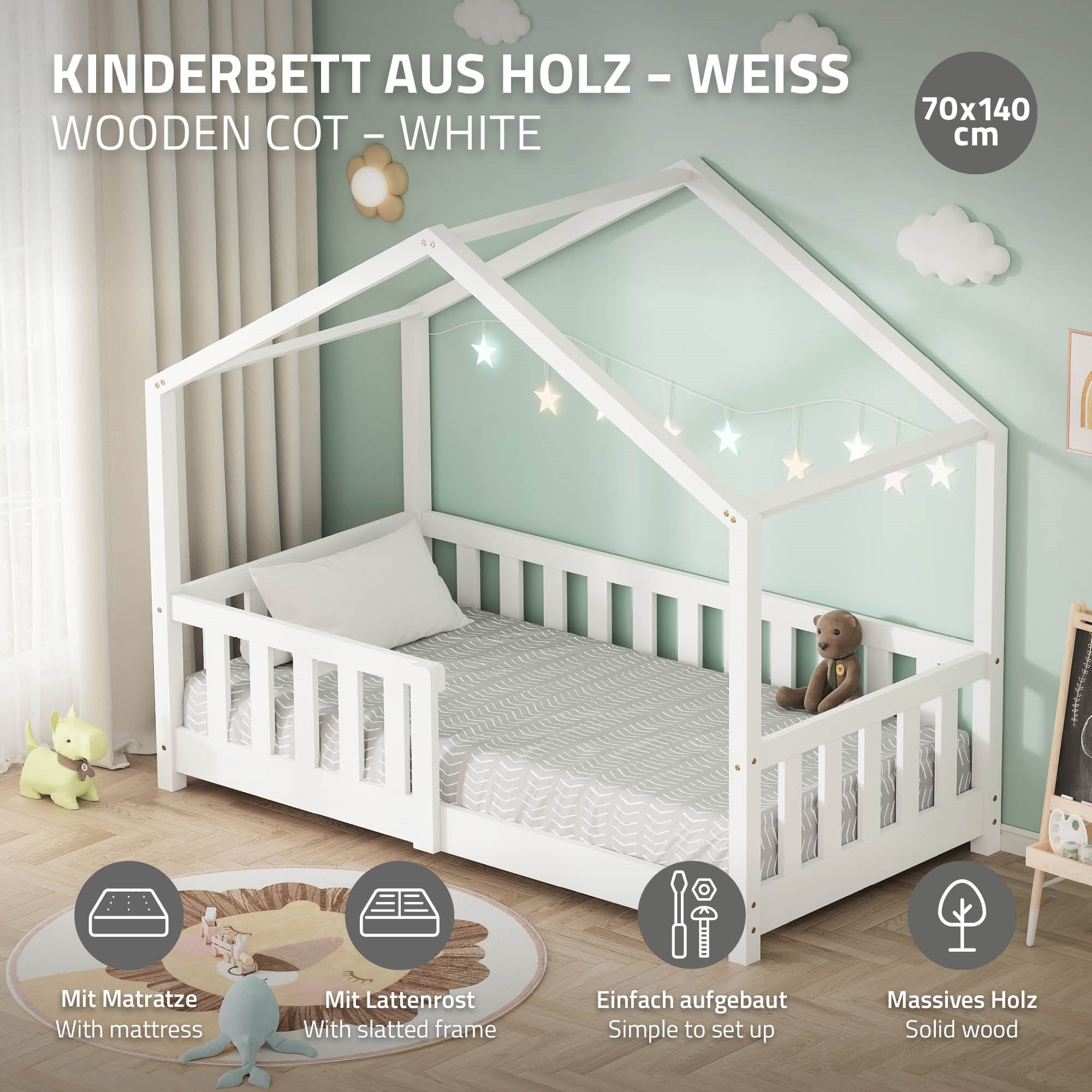ECD Germany Kinder Lit cabane 70x140 blanc pin matelas 10 cm inclus