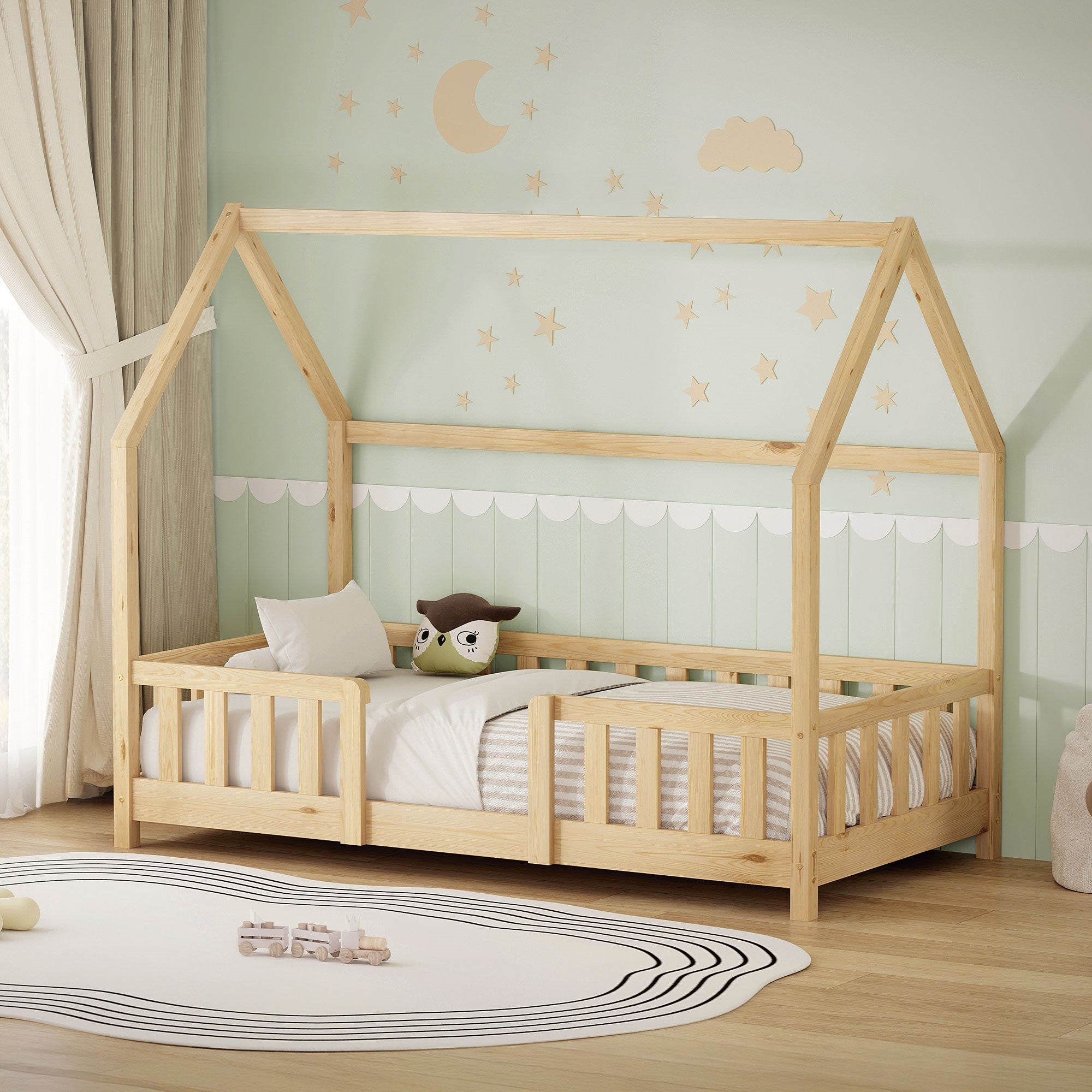ECD Germany Kinder lit cabane 80x160 pin naturel barrière