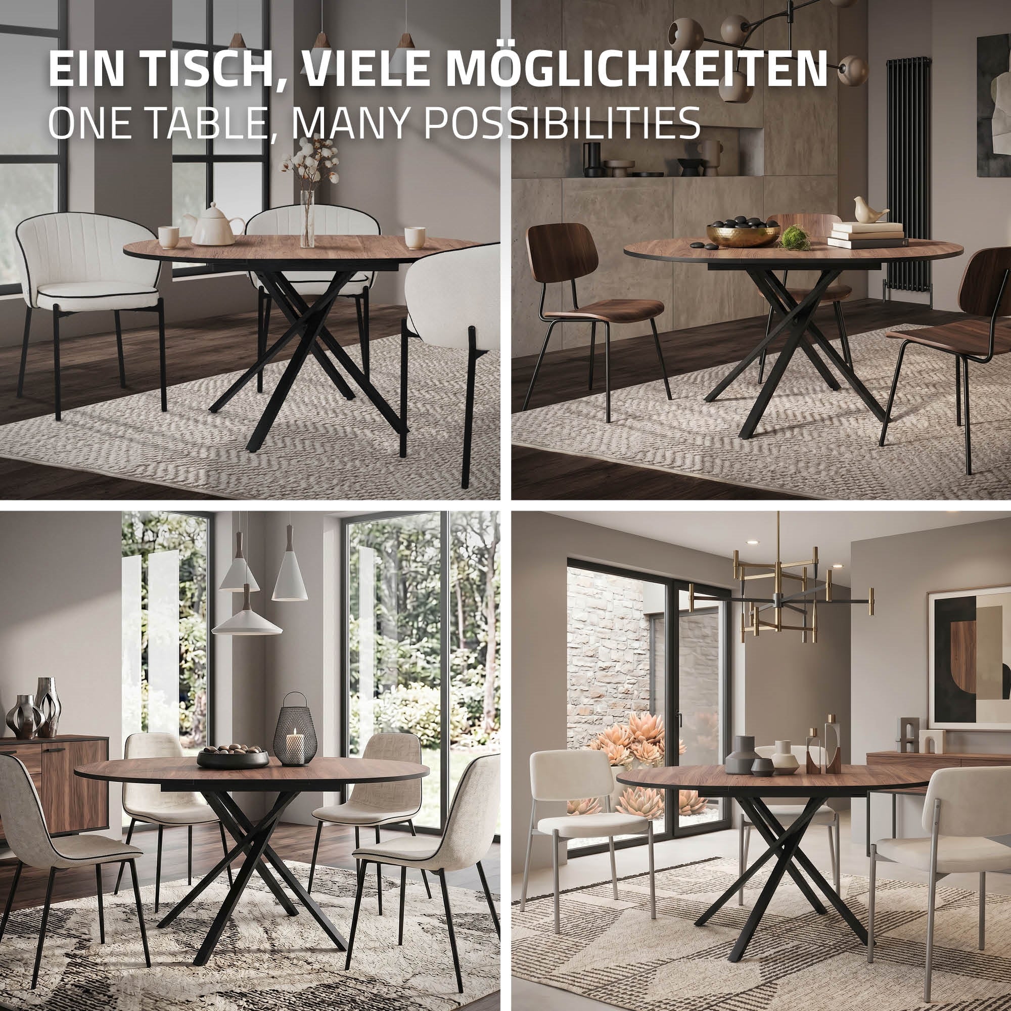 ECD Germany ML-Design table à manger ronde extensible 100-140 marron