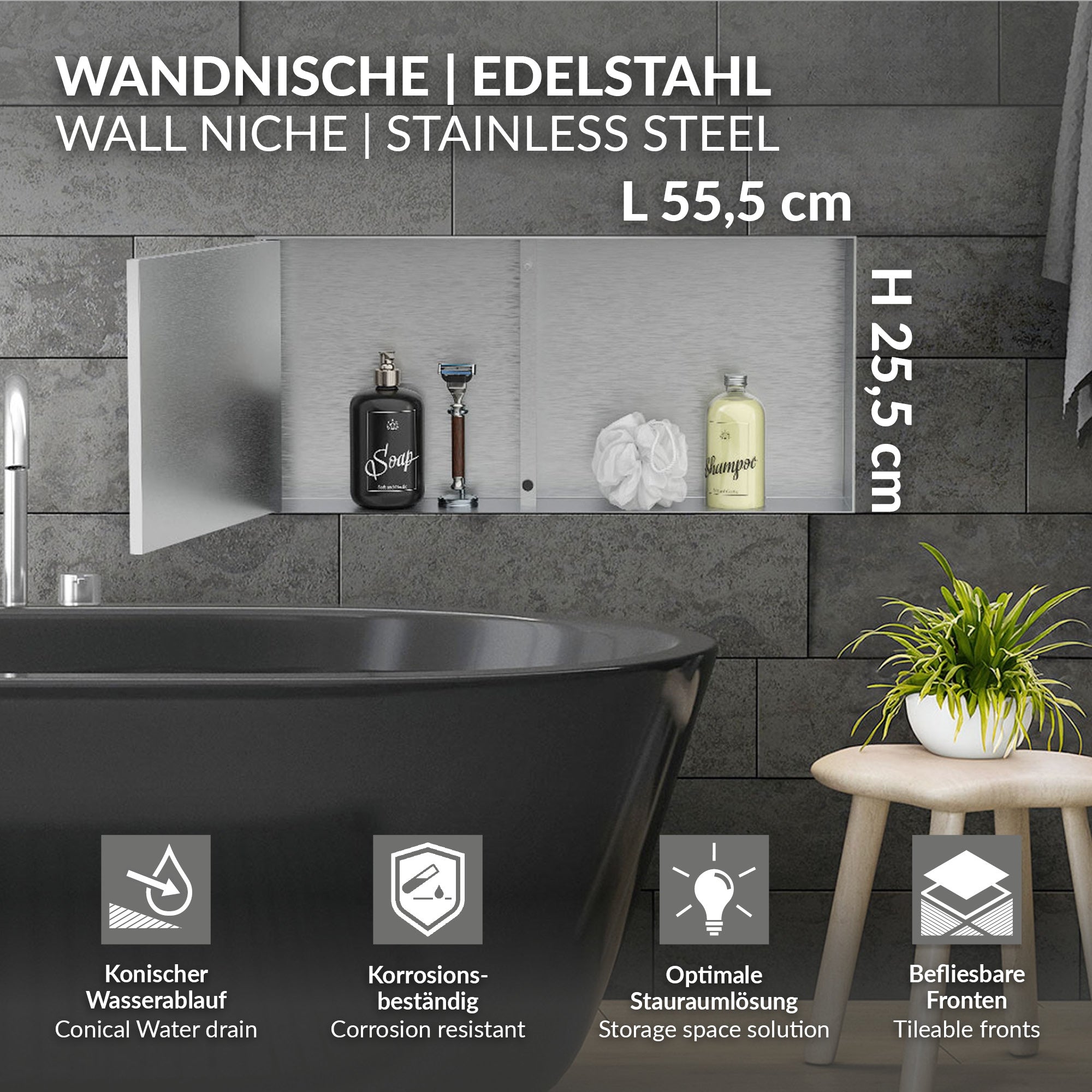 ECD Germany Sanitär niche douche inox 60x30x10 argent porte