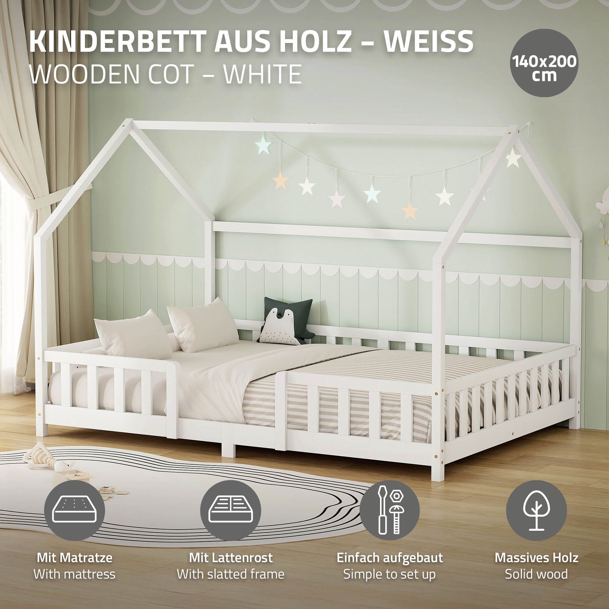 ECD Germany lit cabane enfant blanc 140x200 pin + matelas 16cm