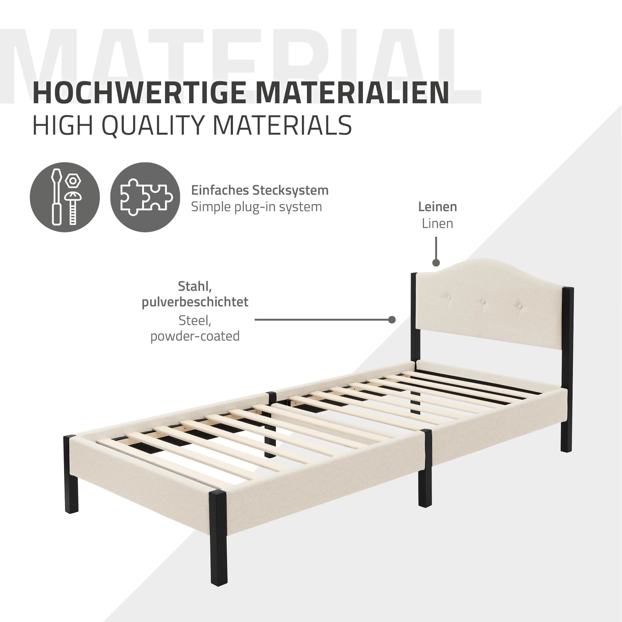 ECD Germany Möbel Lit Capitonné Beige 90x200 avec matelas